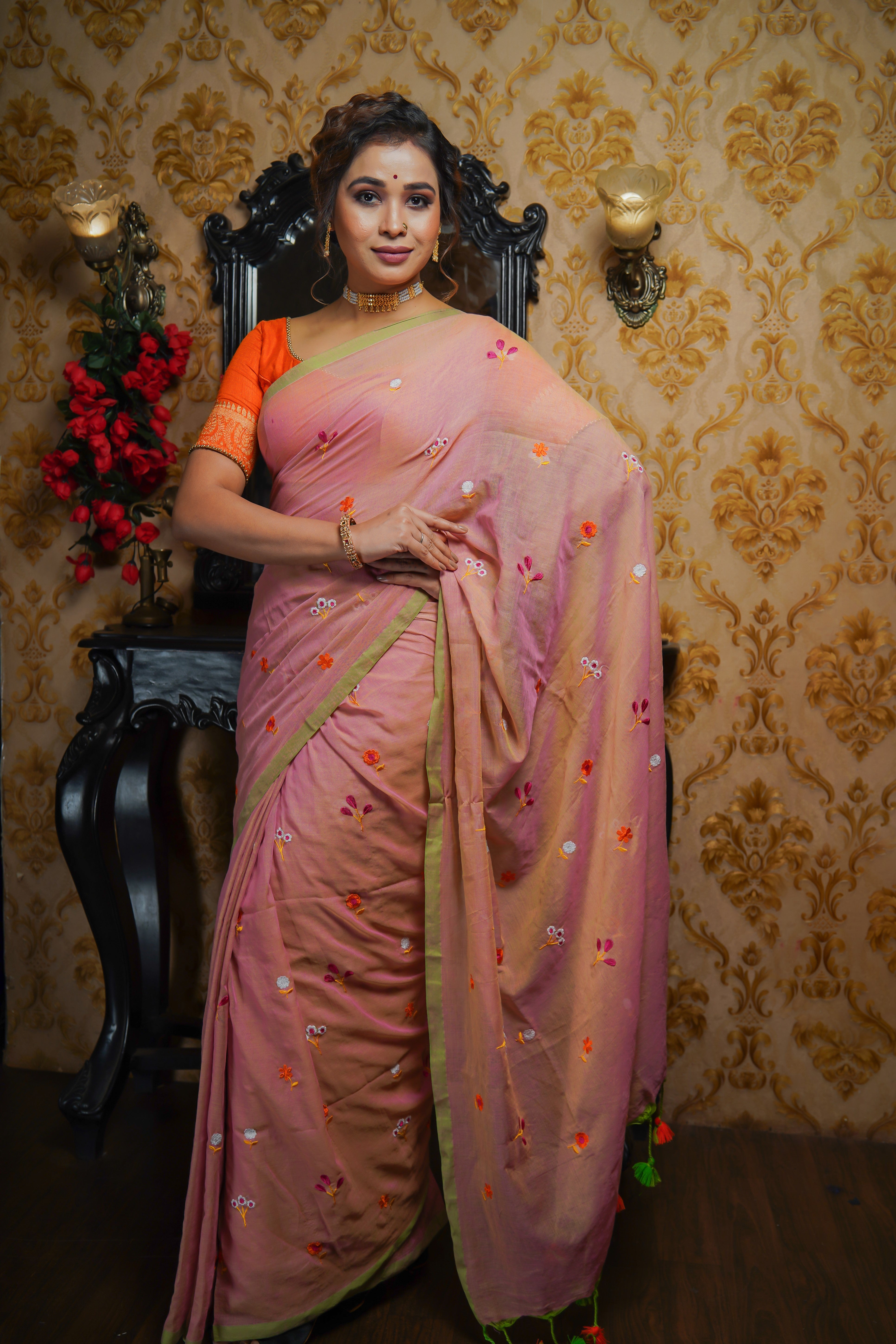Baby Pink Embroidered Mul Mul Cotton Saree
