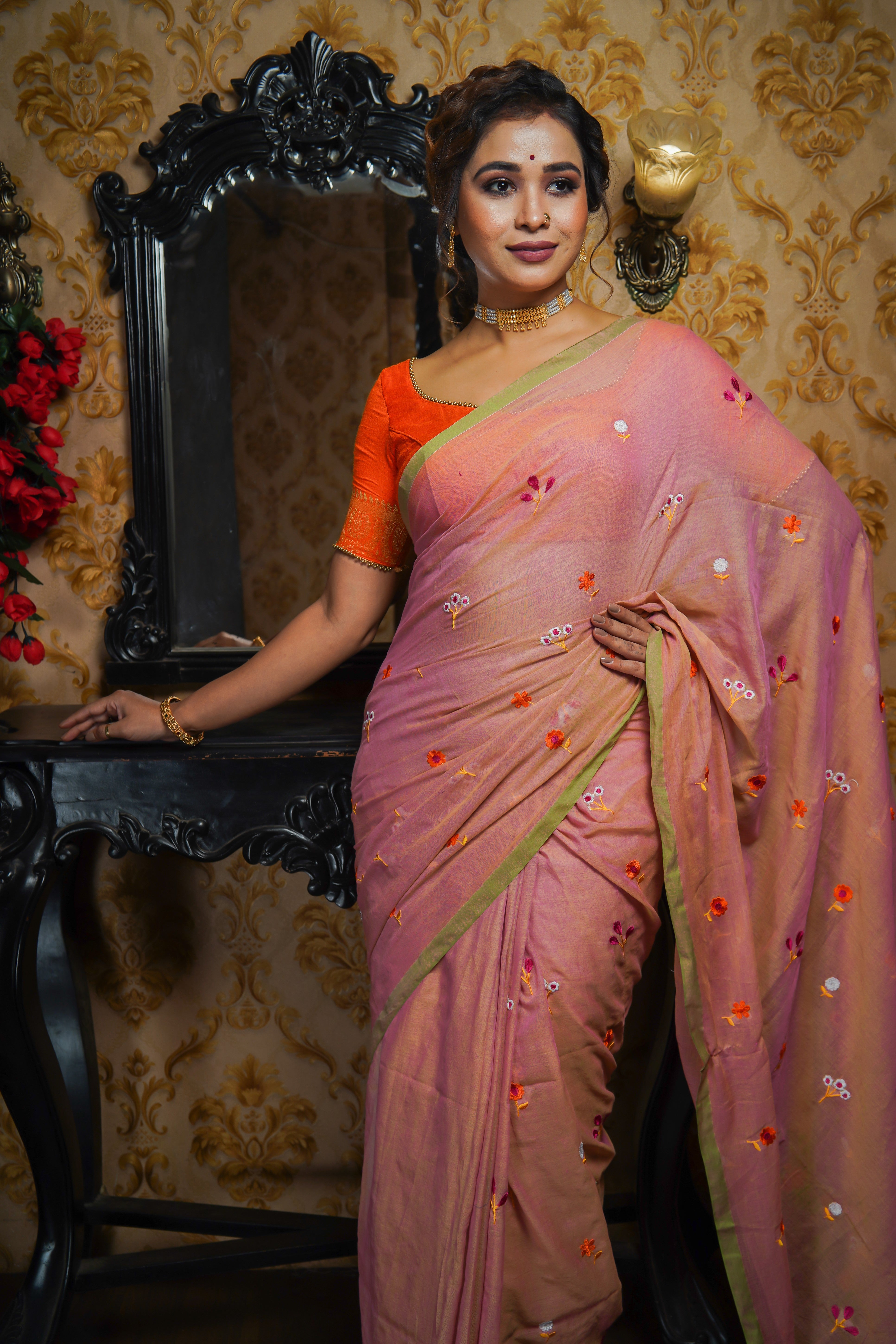 Baby Pink Embroidered Mul Mul Cotton Saree