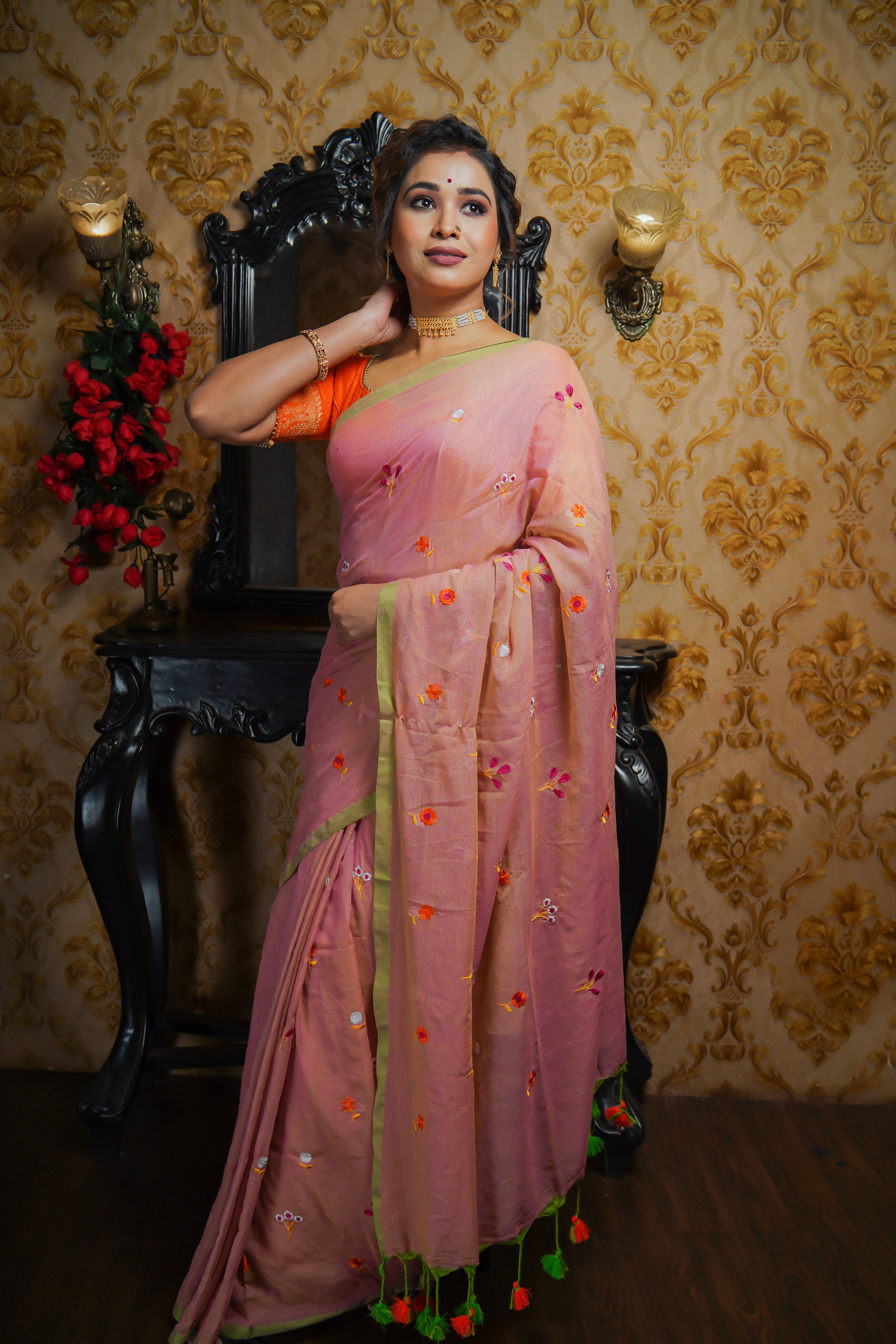 Baby Pink Embroidered Mul Mul Cotton Saree