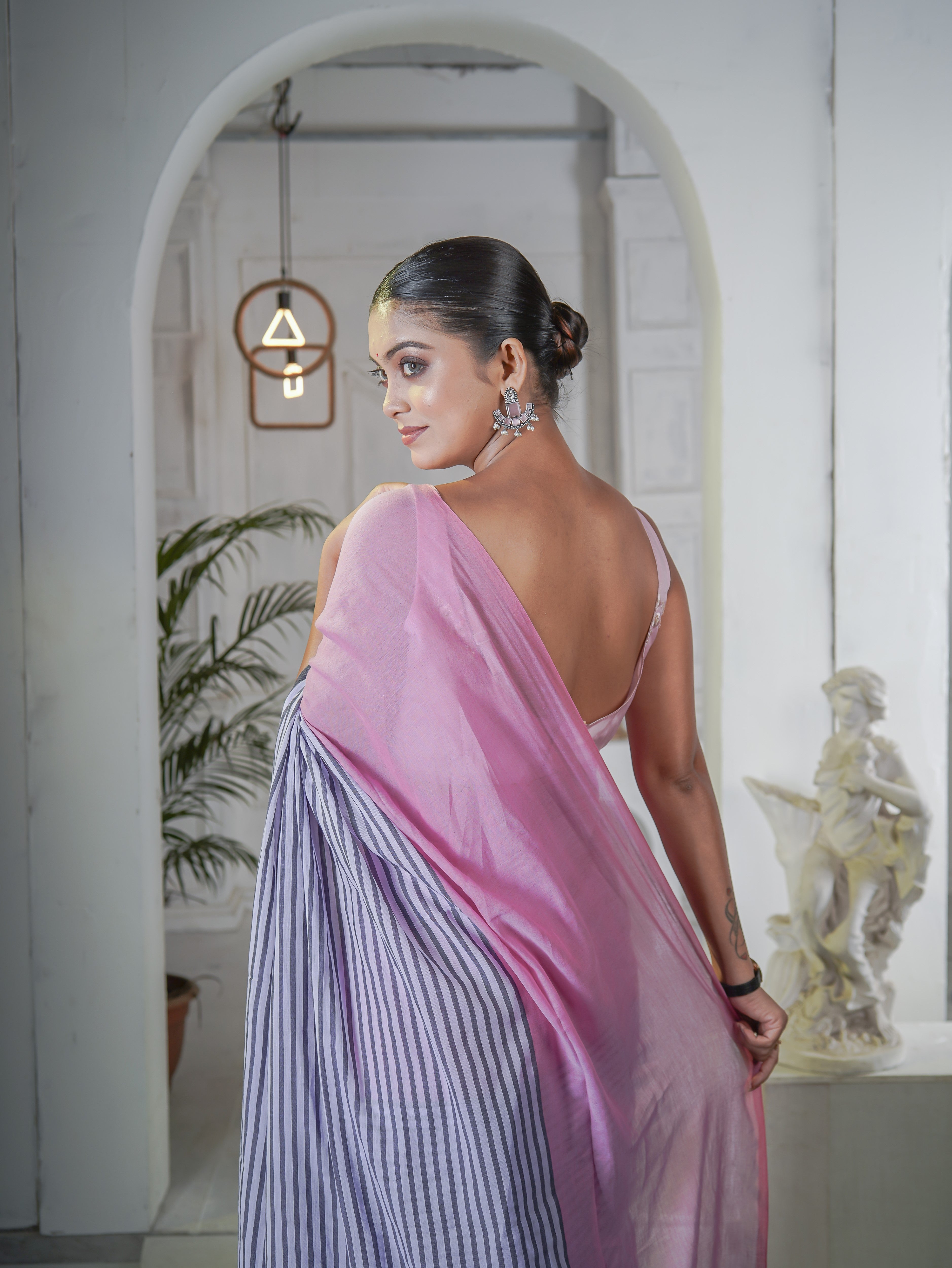 Baby Pink Half-half Check Mul Cotton Saree