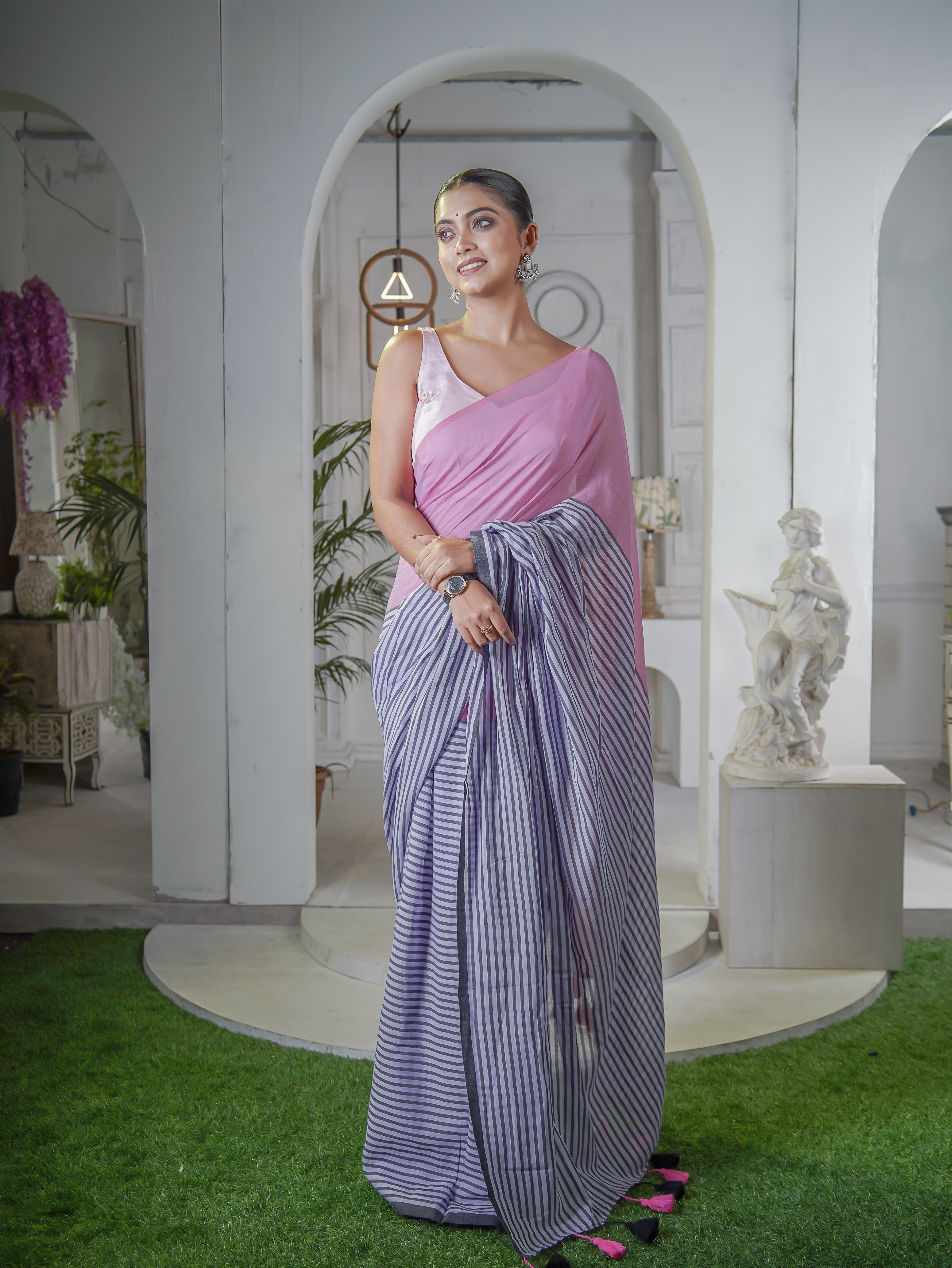 Baby Pink Half-half Check Mul Cotton Saree