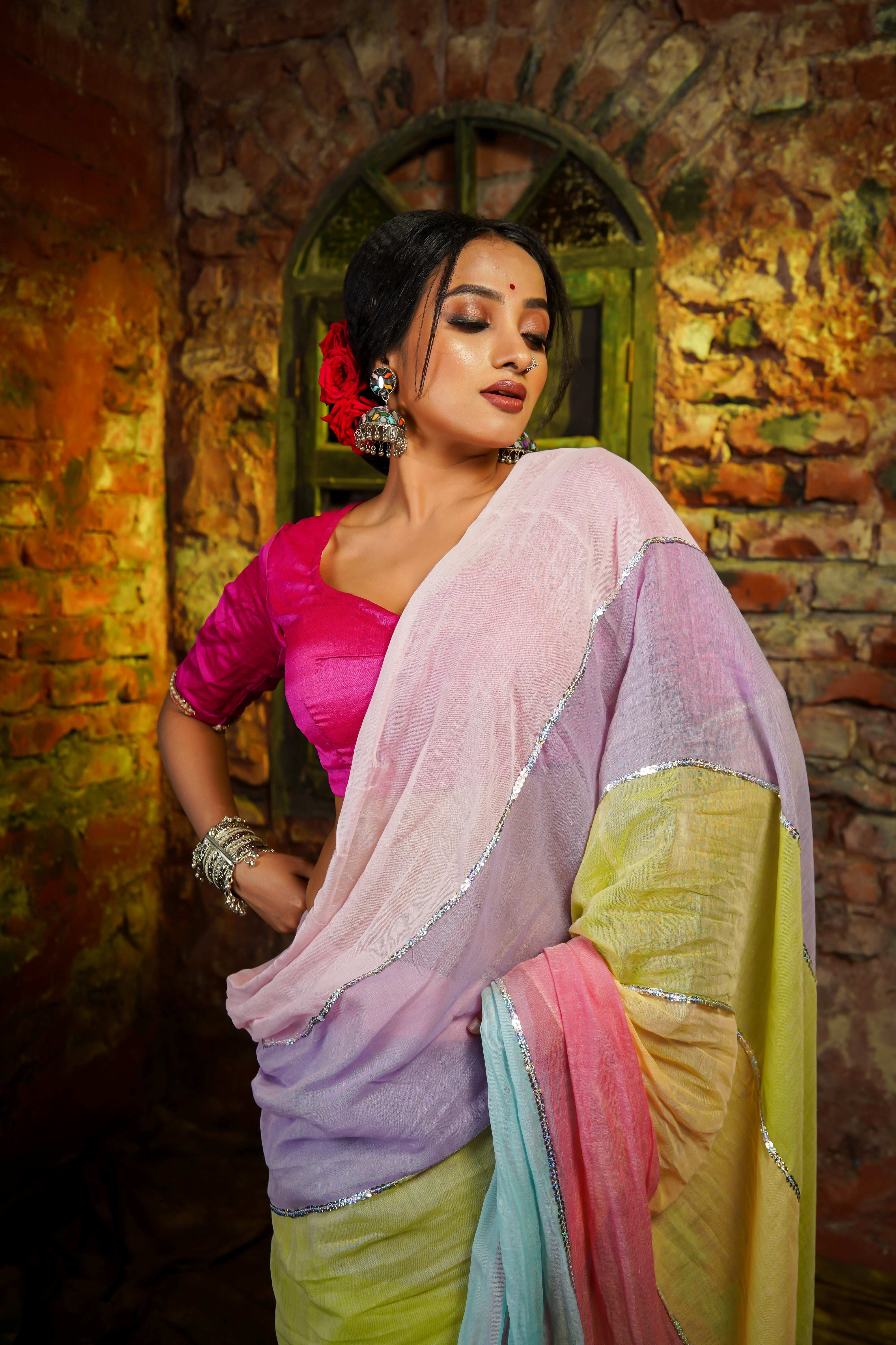 Baby Pink Mul Mul Cotton Saree with Multi Rainbow Sequence Work