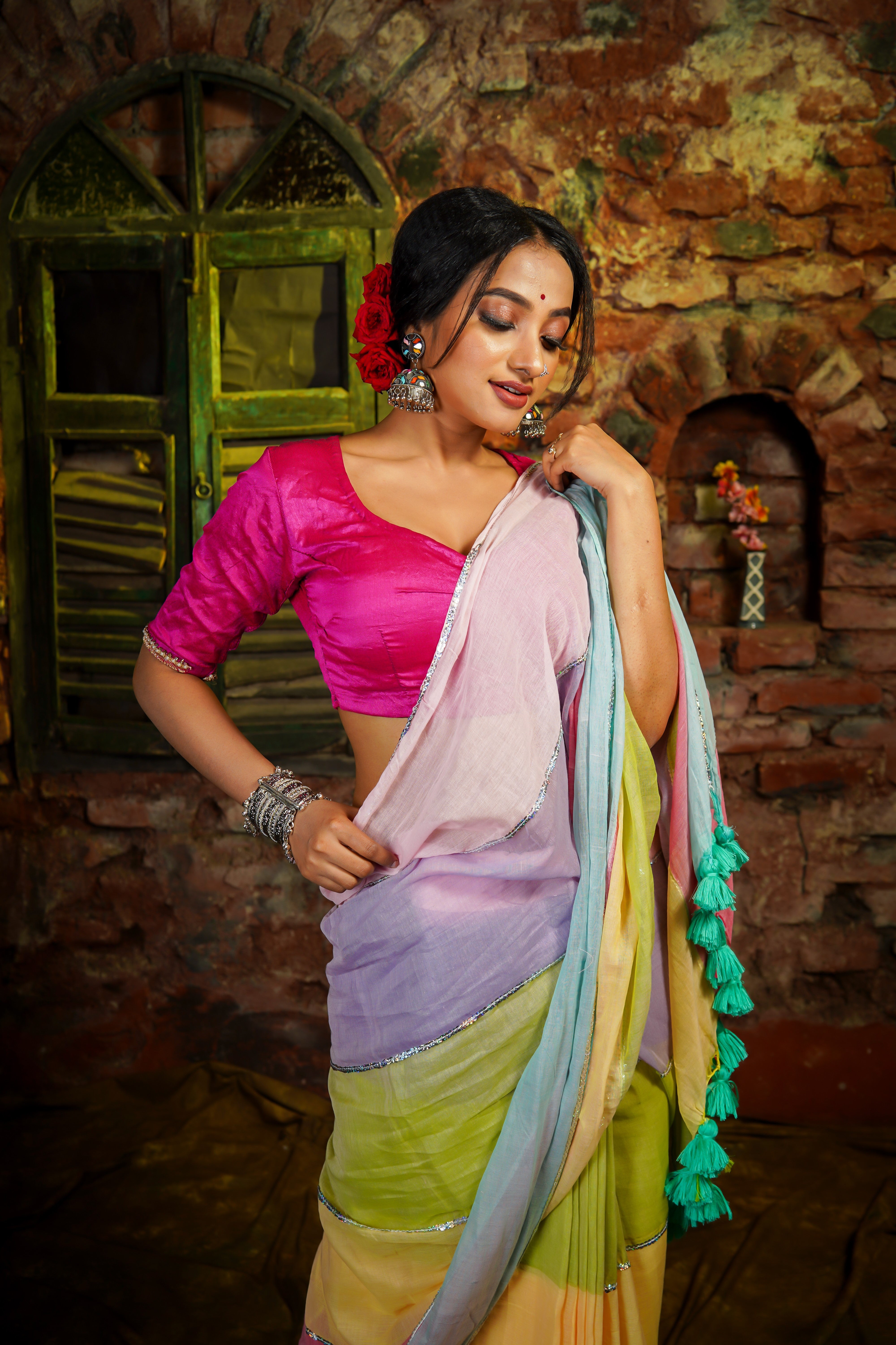 Baby Pink Mul Mul Cotton Saree with Multi Rainbow Sequence Work