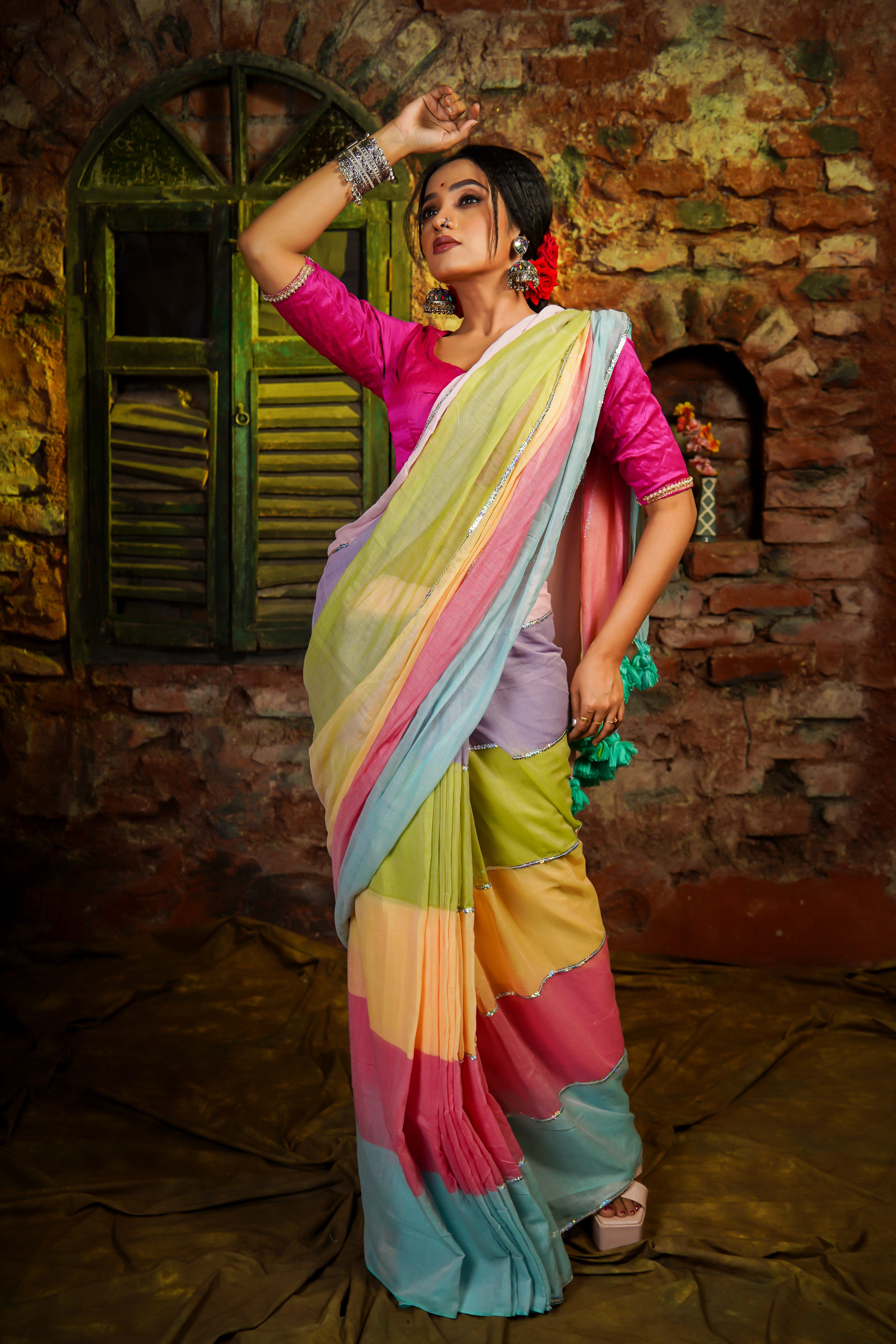 Baby Pink Mul Mul Cotton Saree with Multi Rainbow Sequence Work