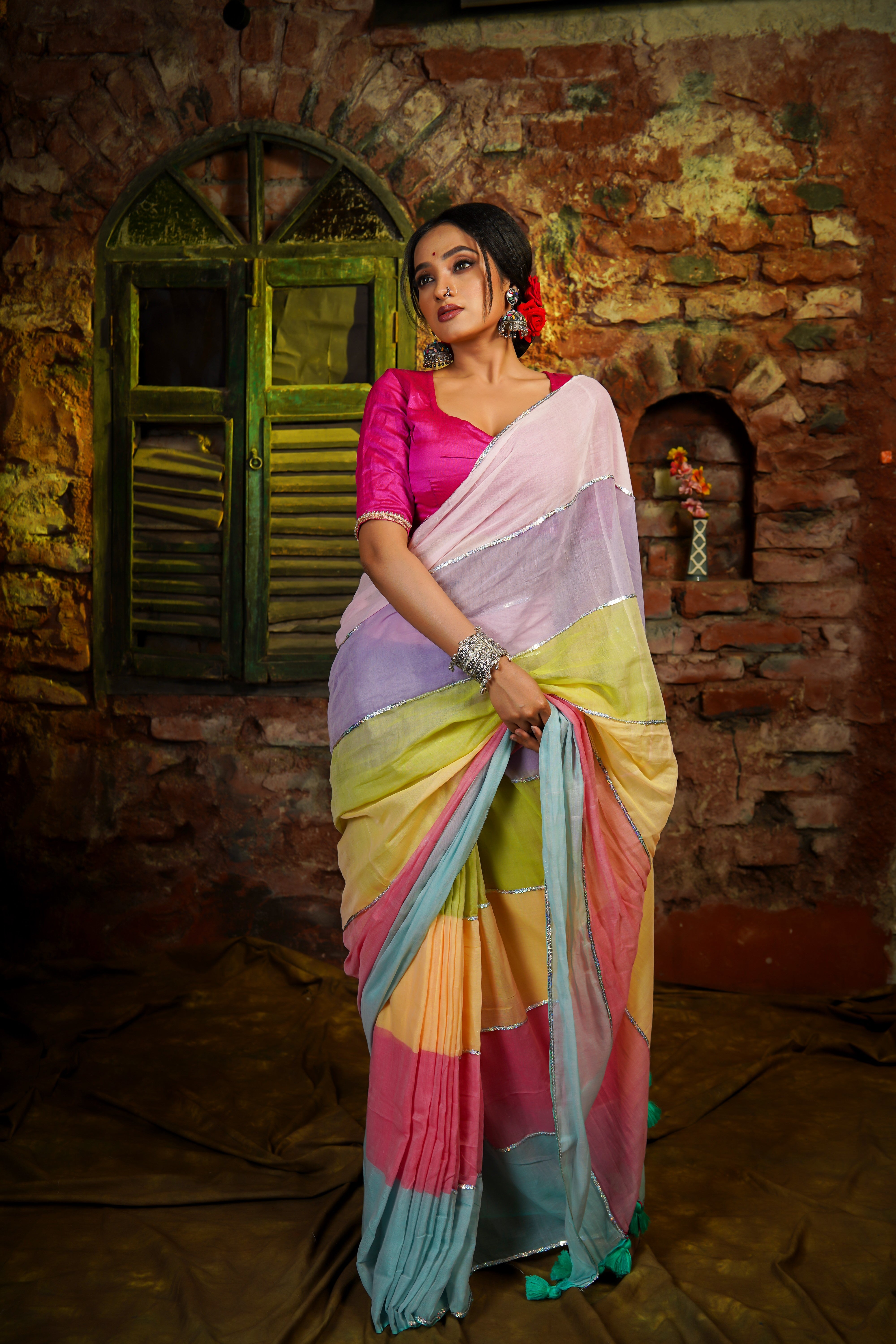 Baby Pink Mul Mul Cotton Saree with Multi Rainbow Sequence Work
