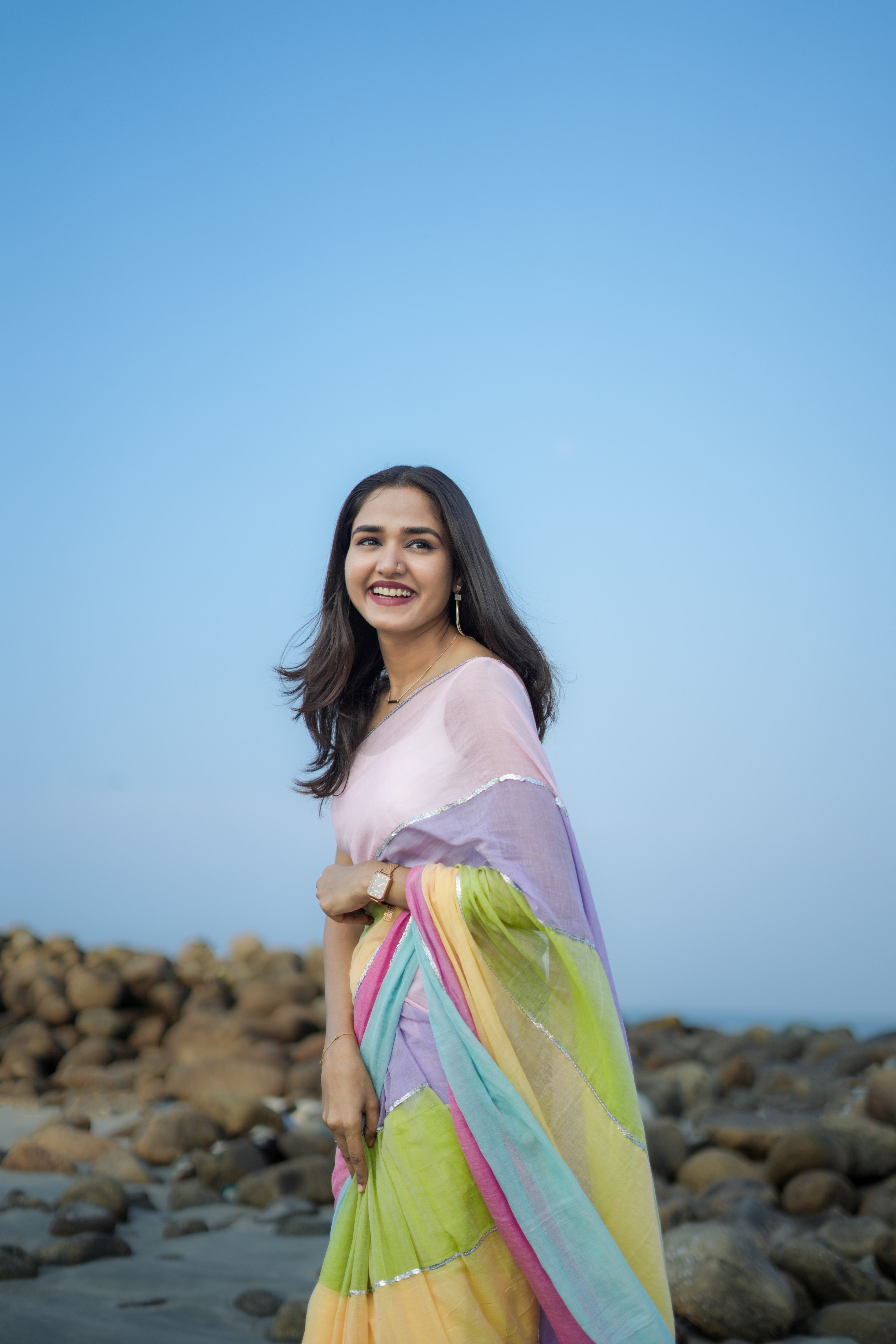 Baby Pink Mul Mul Cotton Saree with Multi Rainbow Sequence Work