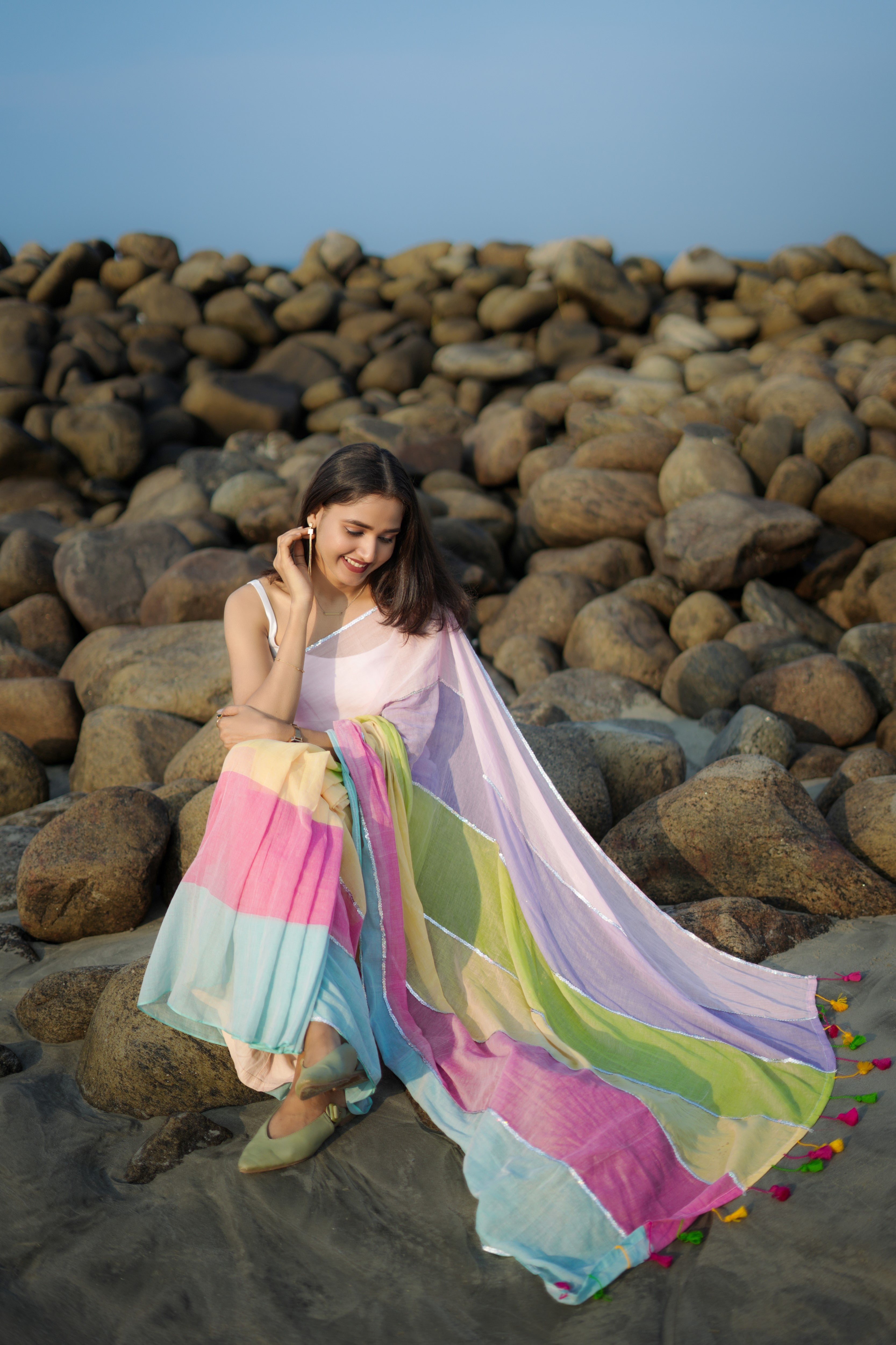 Baby Pink Mul Mul Cotton Saree with Multi Rainbow Sequence Work