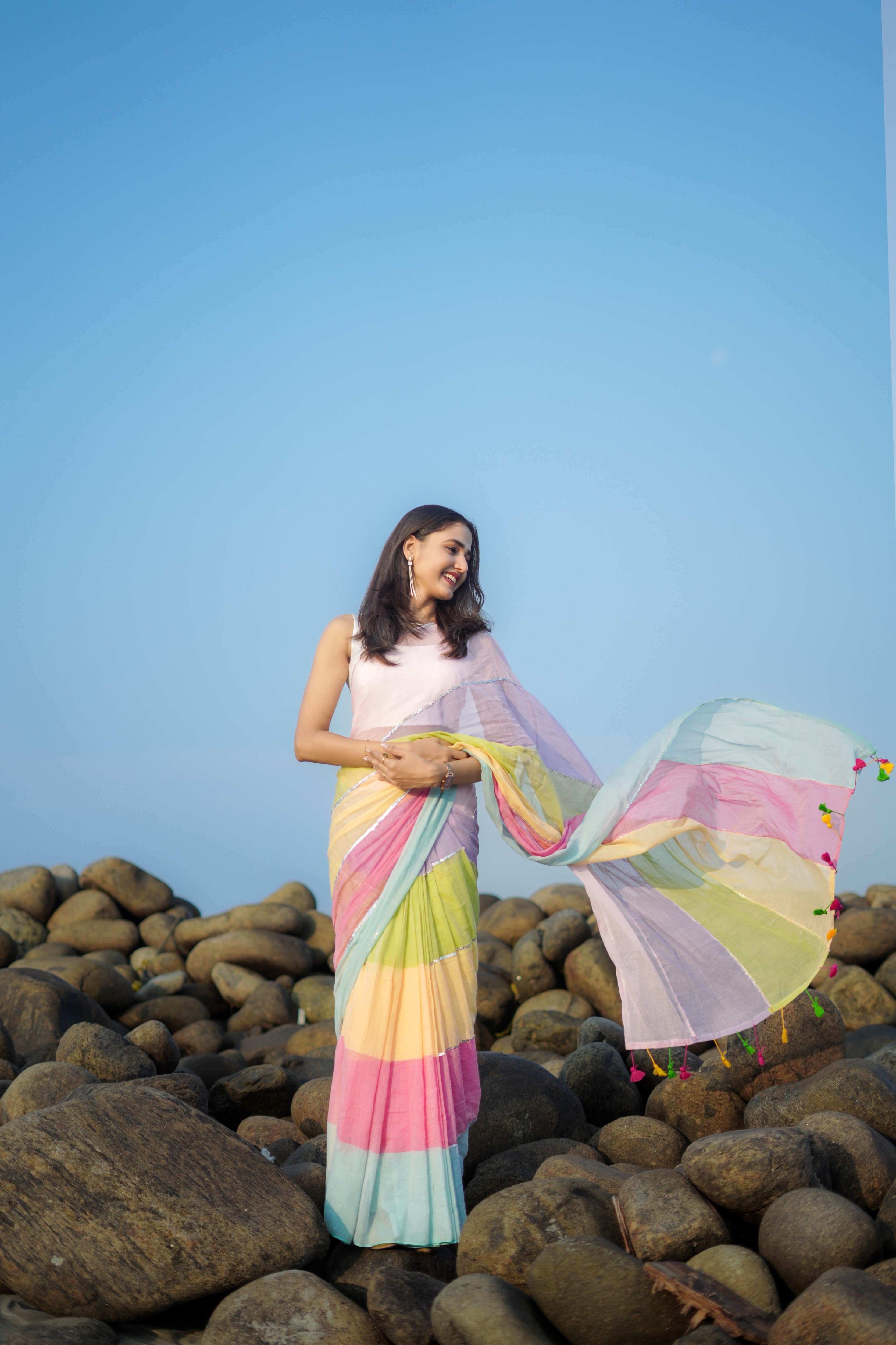 Baby Pink Mul Mul Cotton Saree with Multi Rainbow Sequence Work