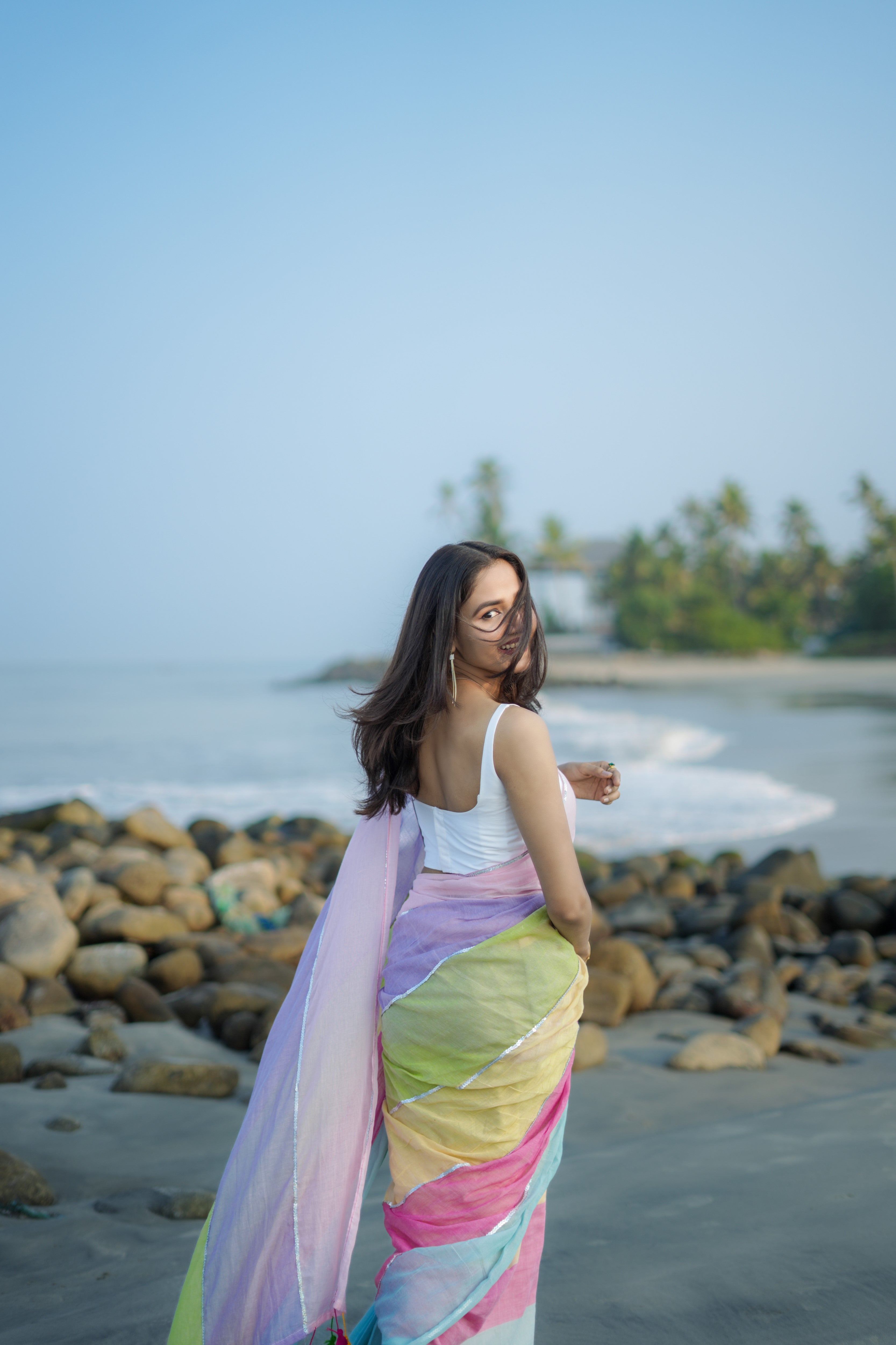 Baby Pink Mul Mul Cotton Saree with Multi Rainbow Sequence Work