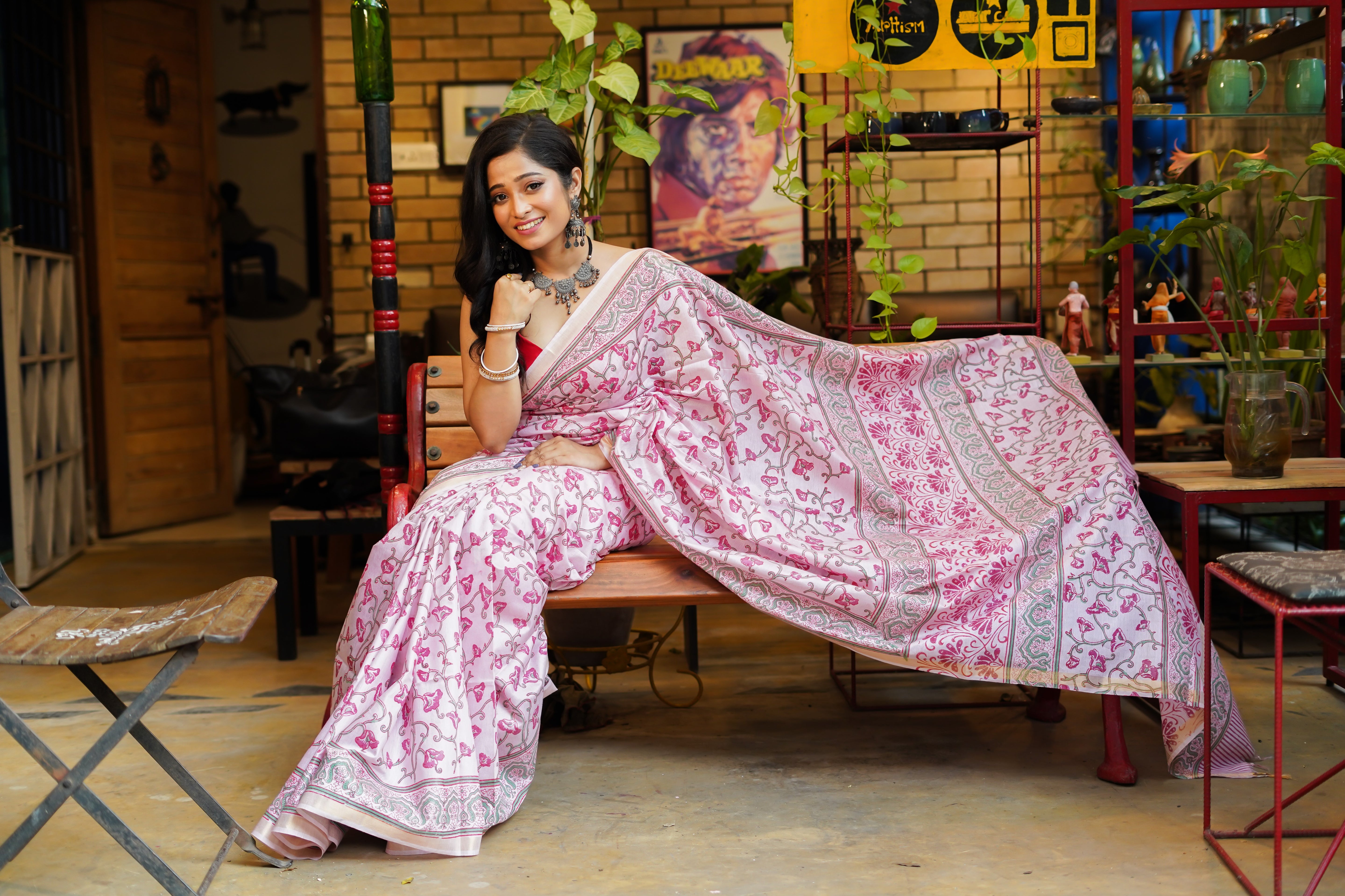 Baby pink hand block pure Maheswari silk saree