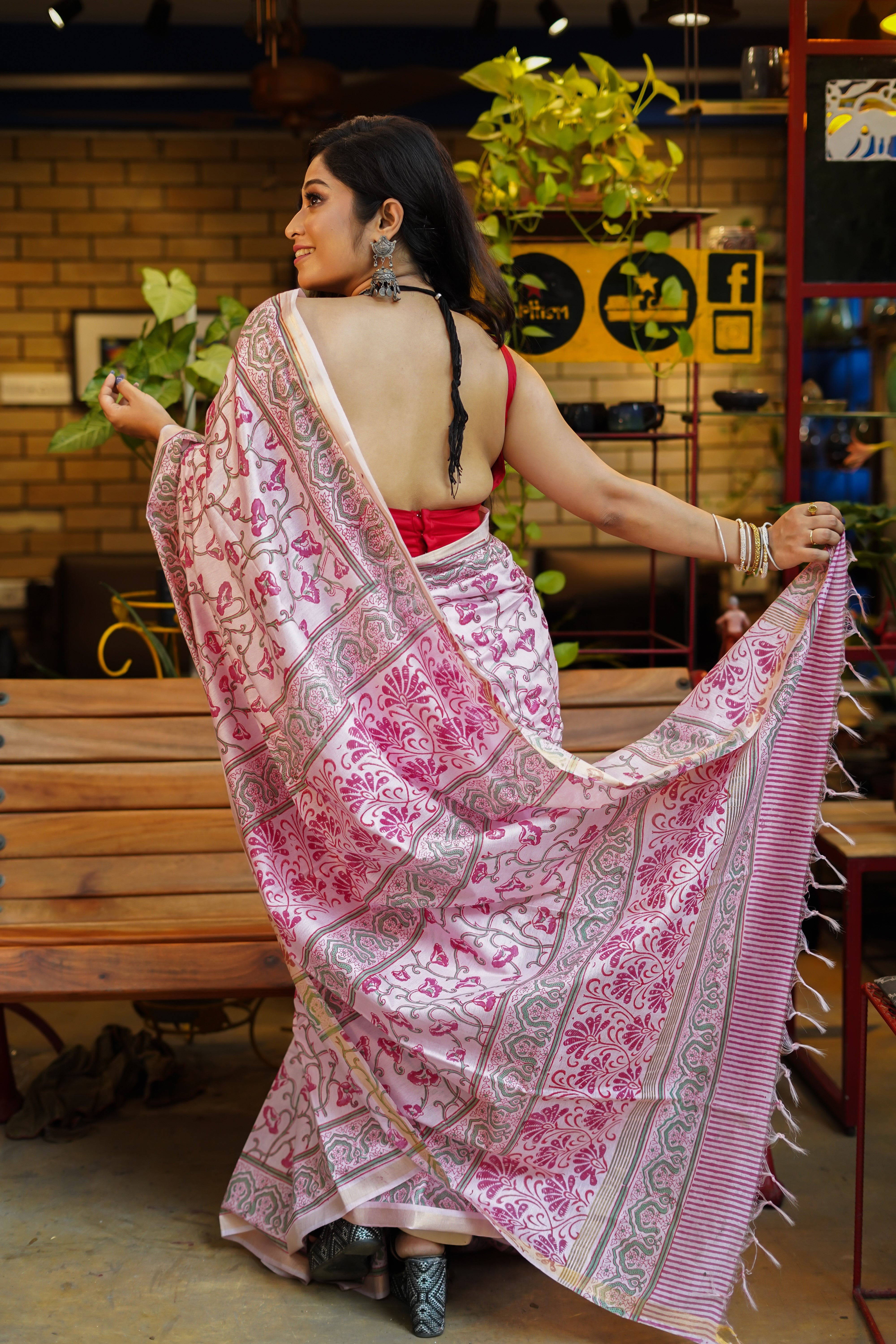 Baby pink hand block pure Maheswari silk saree