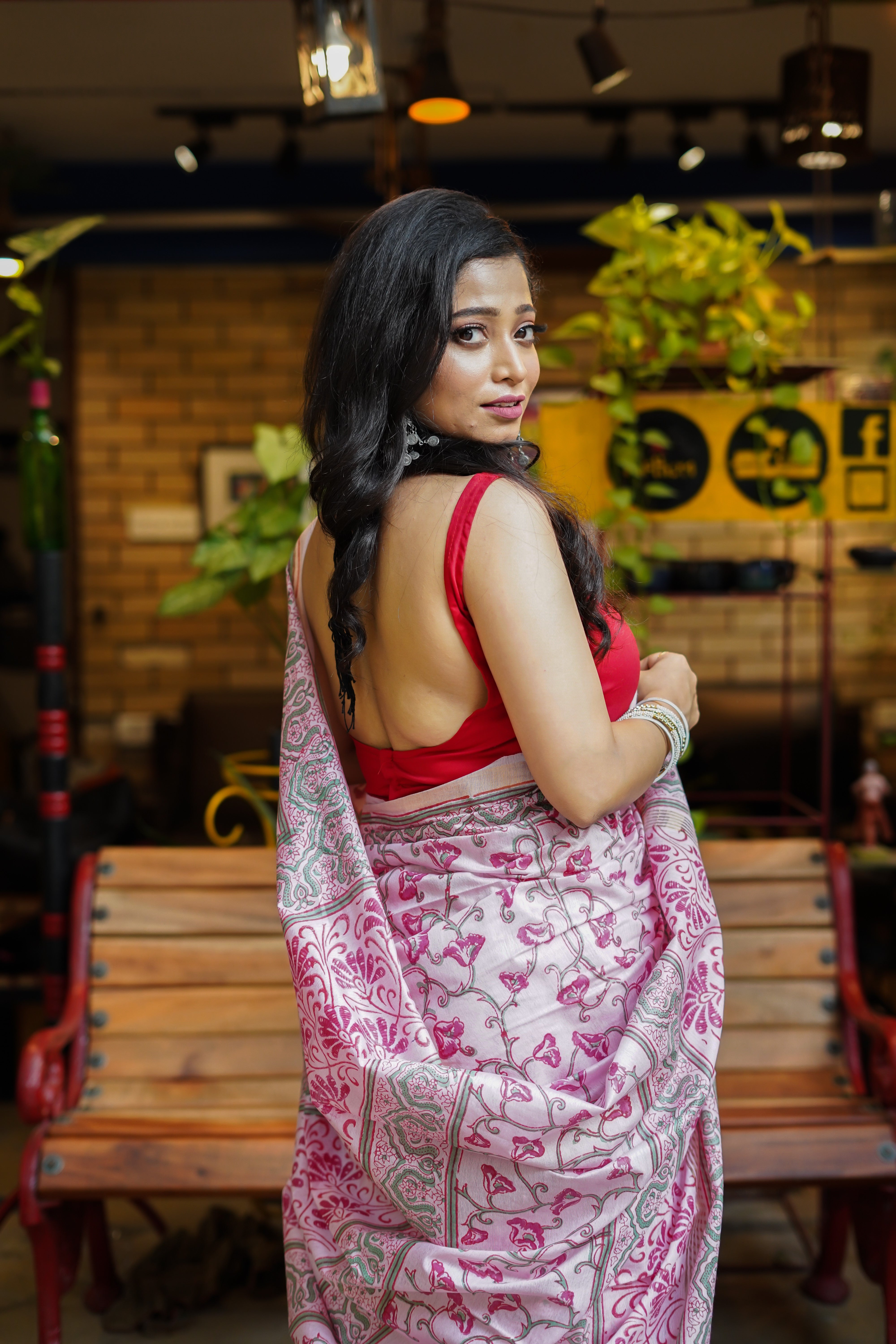 Baby pink hand block pure Maheswari silk saree