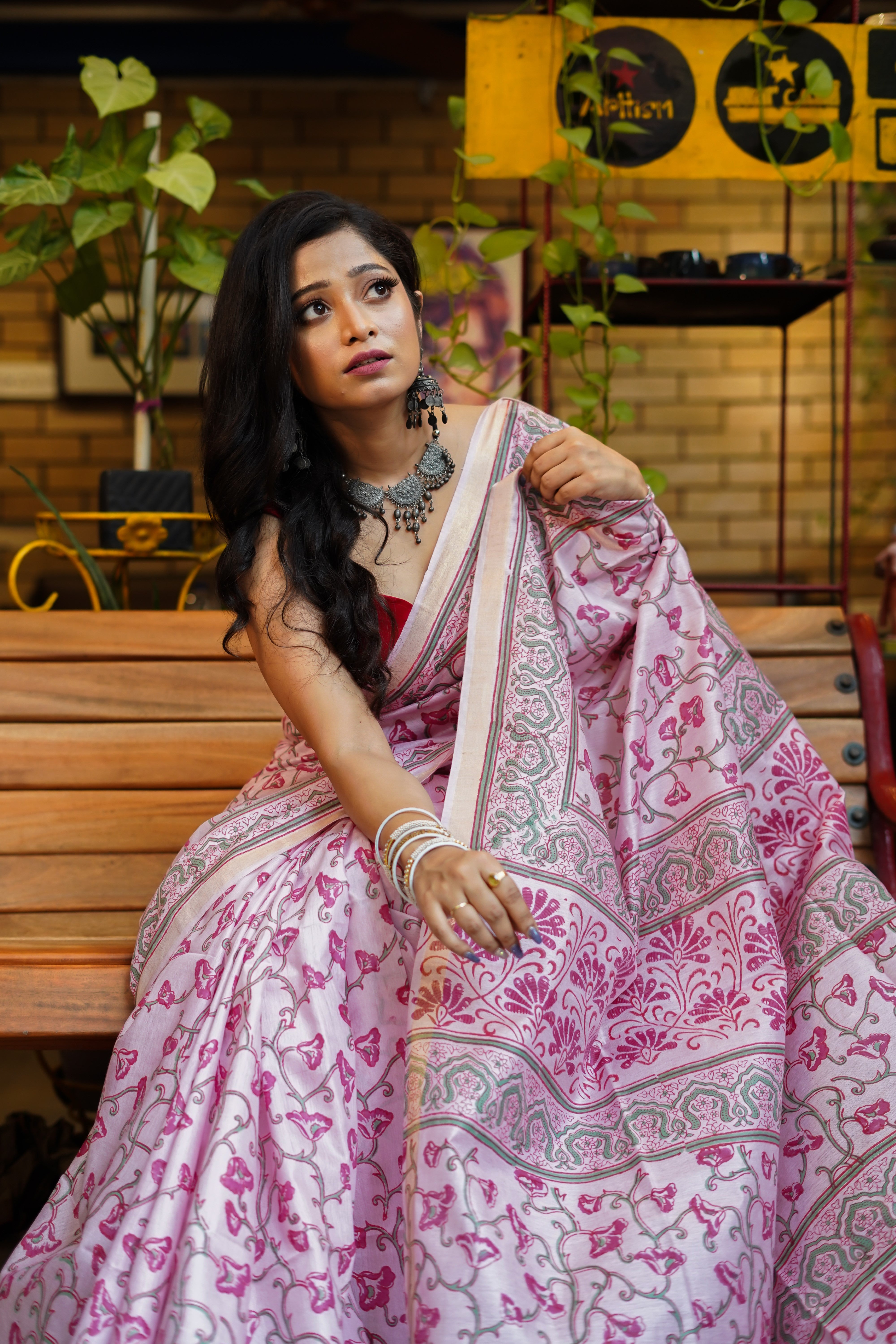 Baby pink hand block pure Maheswari silk saree