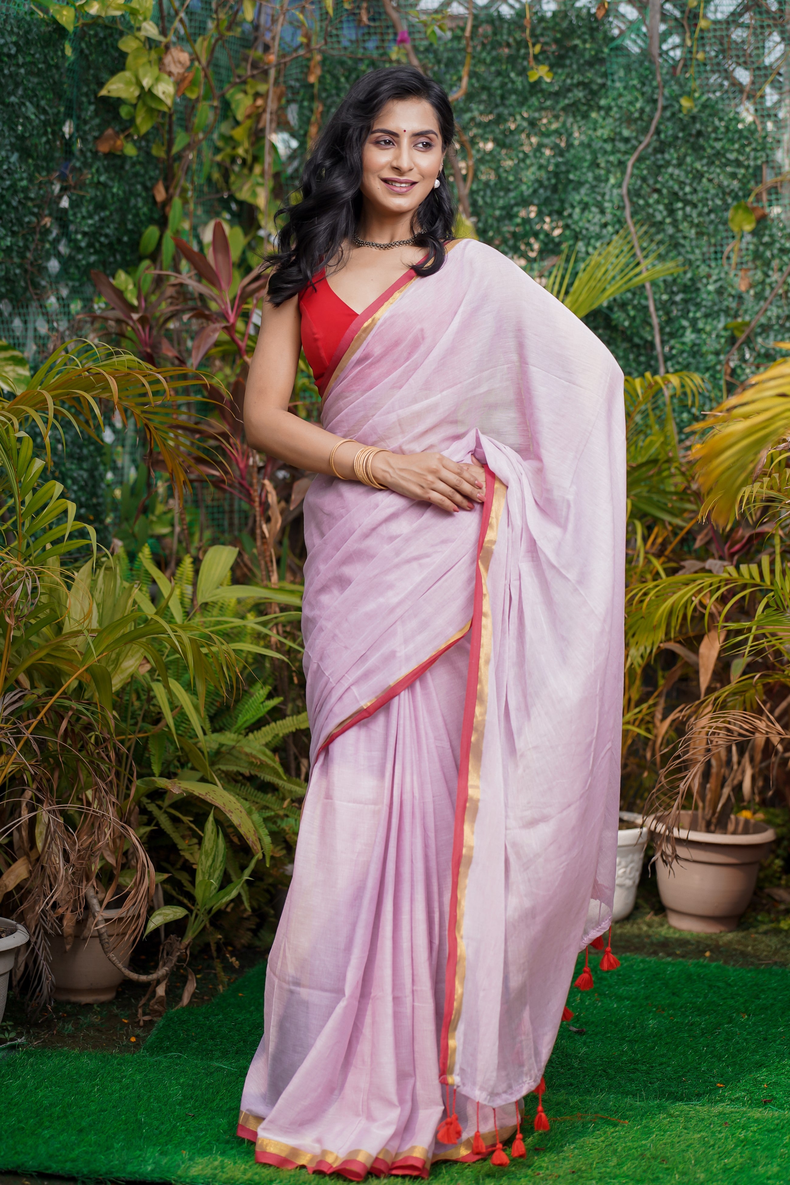 Baby Pink Mul Mul Cotton Saree With Red Golden Border