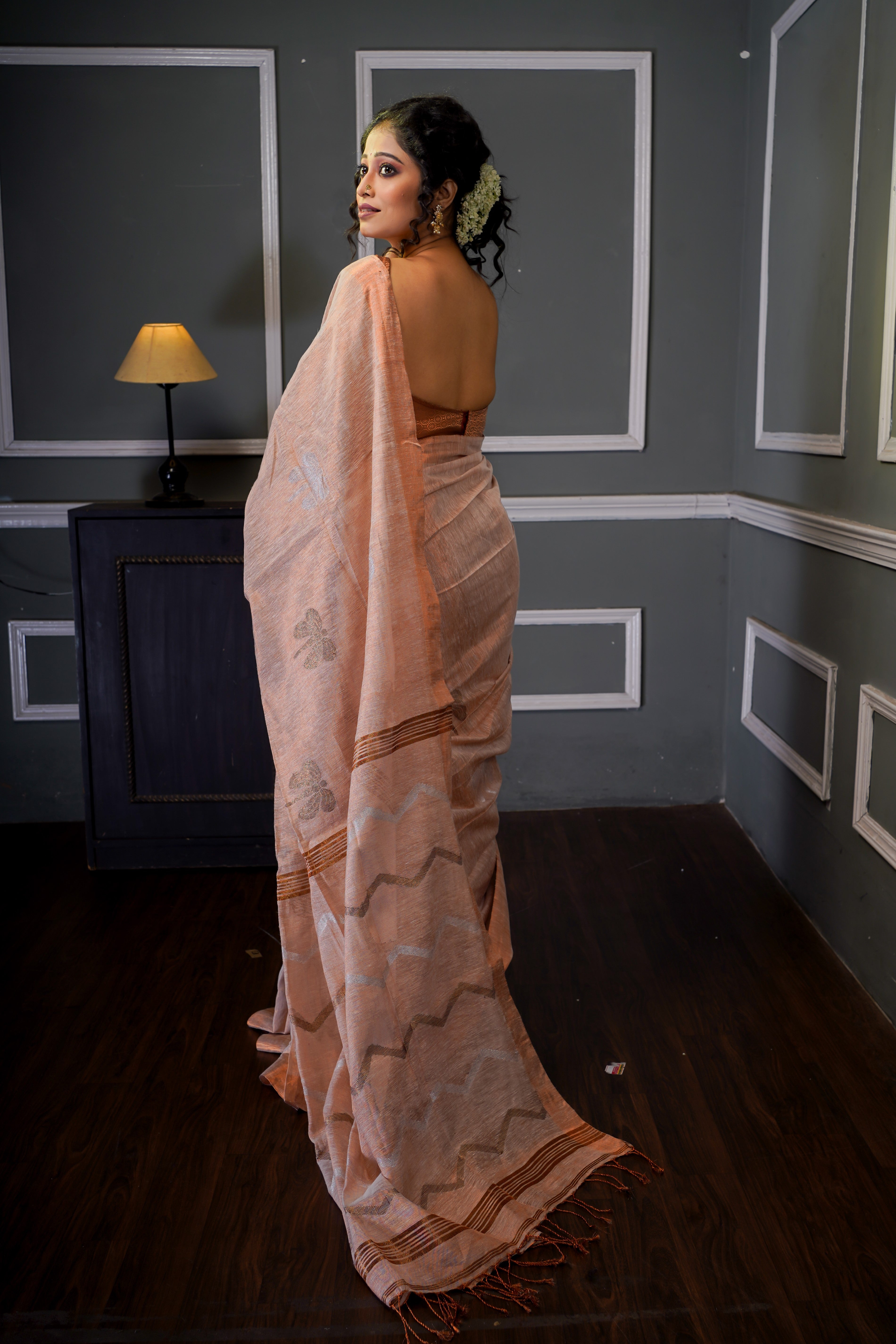 Bare Beige Pure Tissue Linen Butterfly Hand Woven Saree