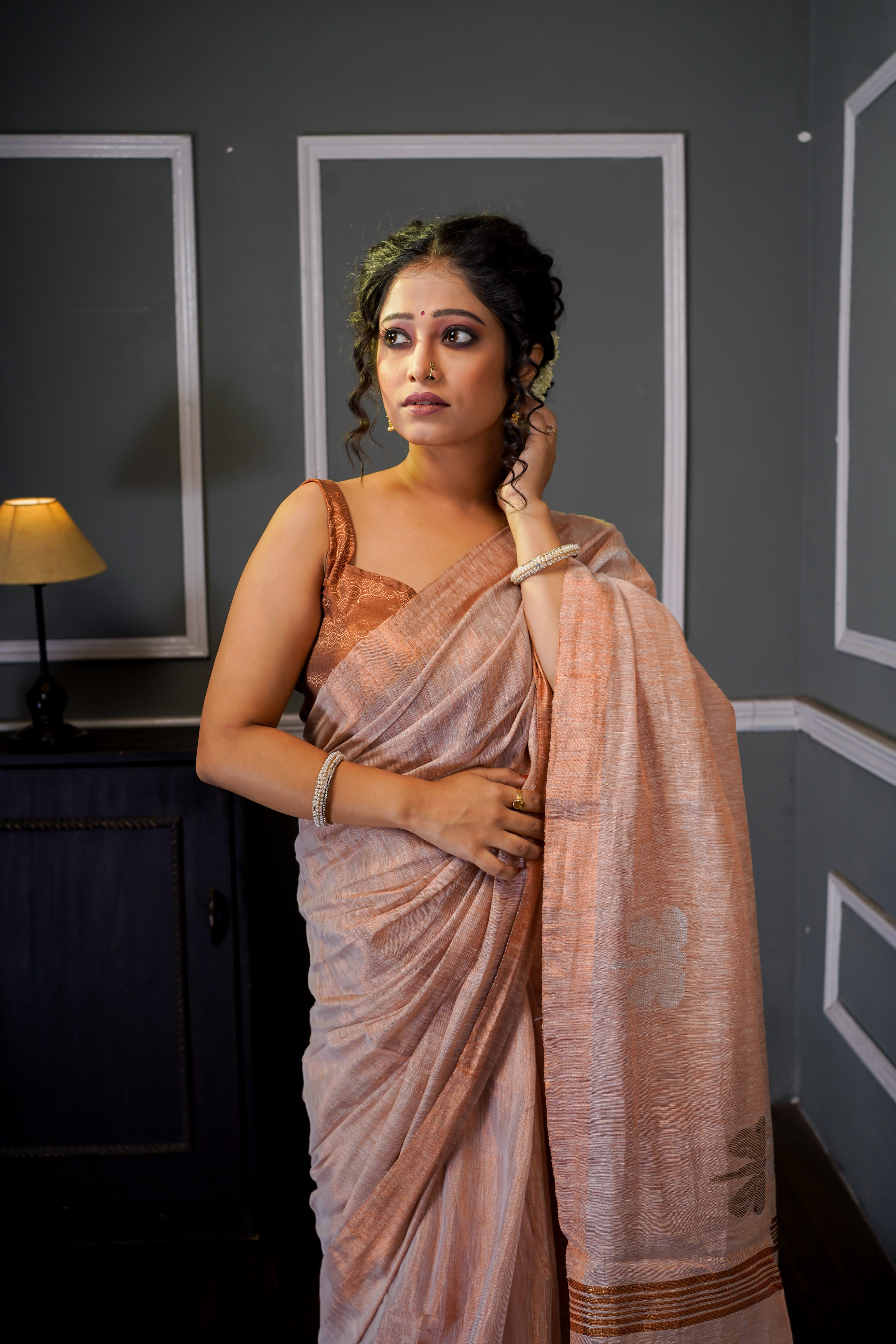 Bare Beige Pure Tissue Linen Butterfly Hand Woven Saree