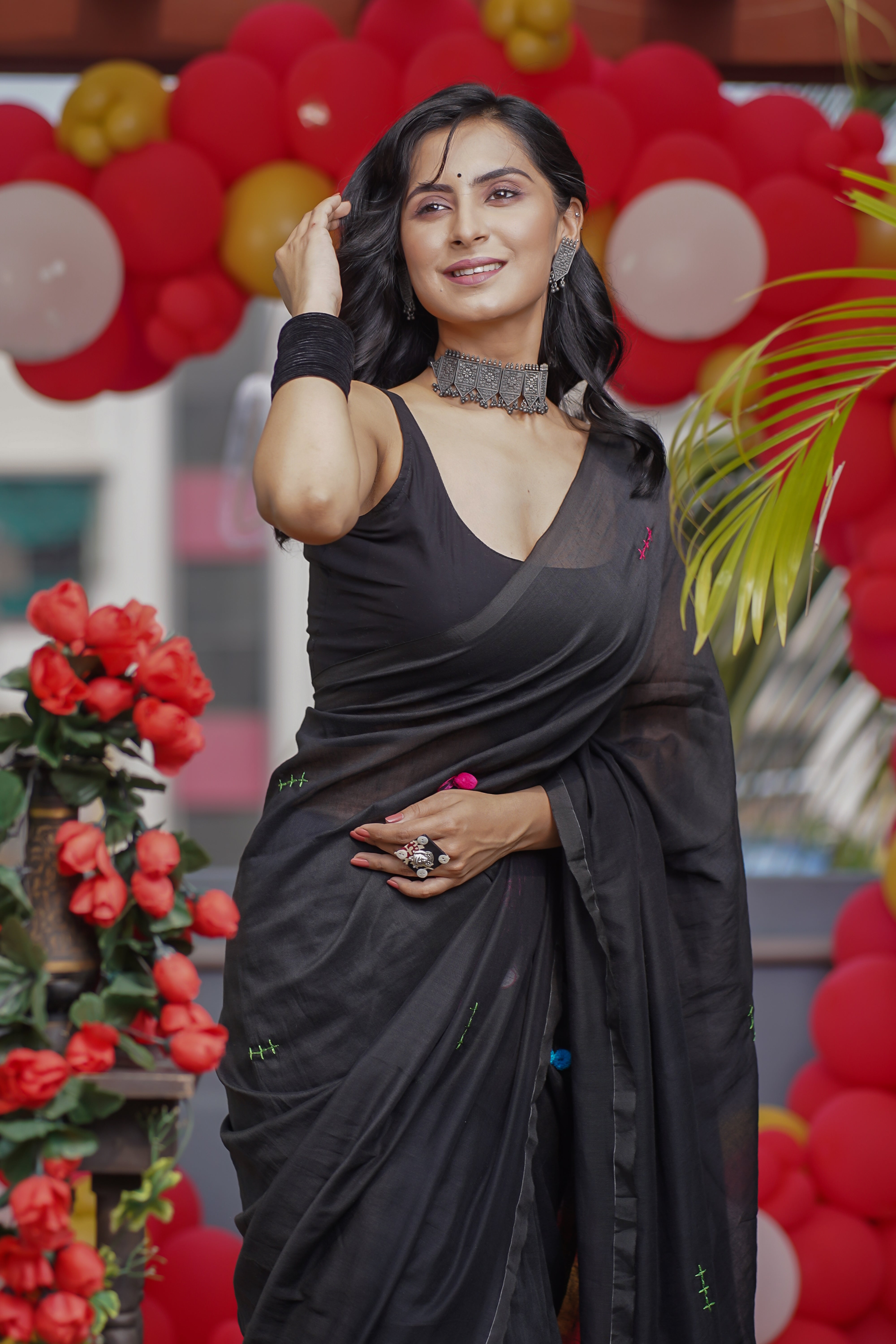 Black Khadi Cotton Mirror Work Weaving Pompom Saree-Black