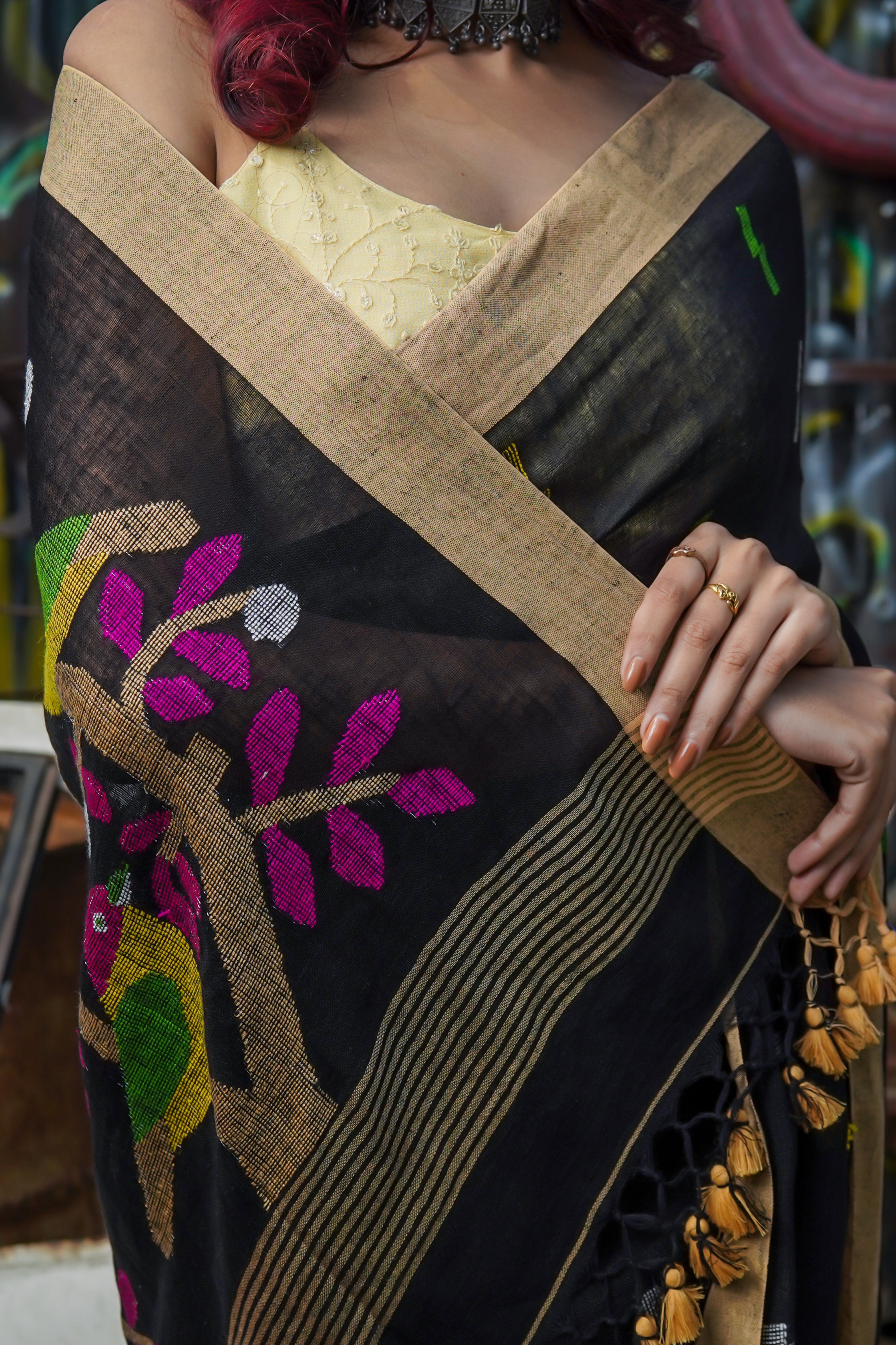 Birds Hand Weaving Linen Jamdani Saree-Black