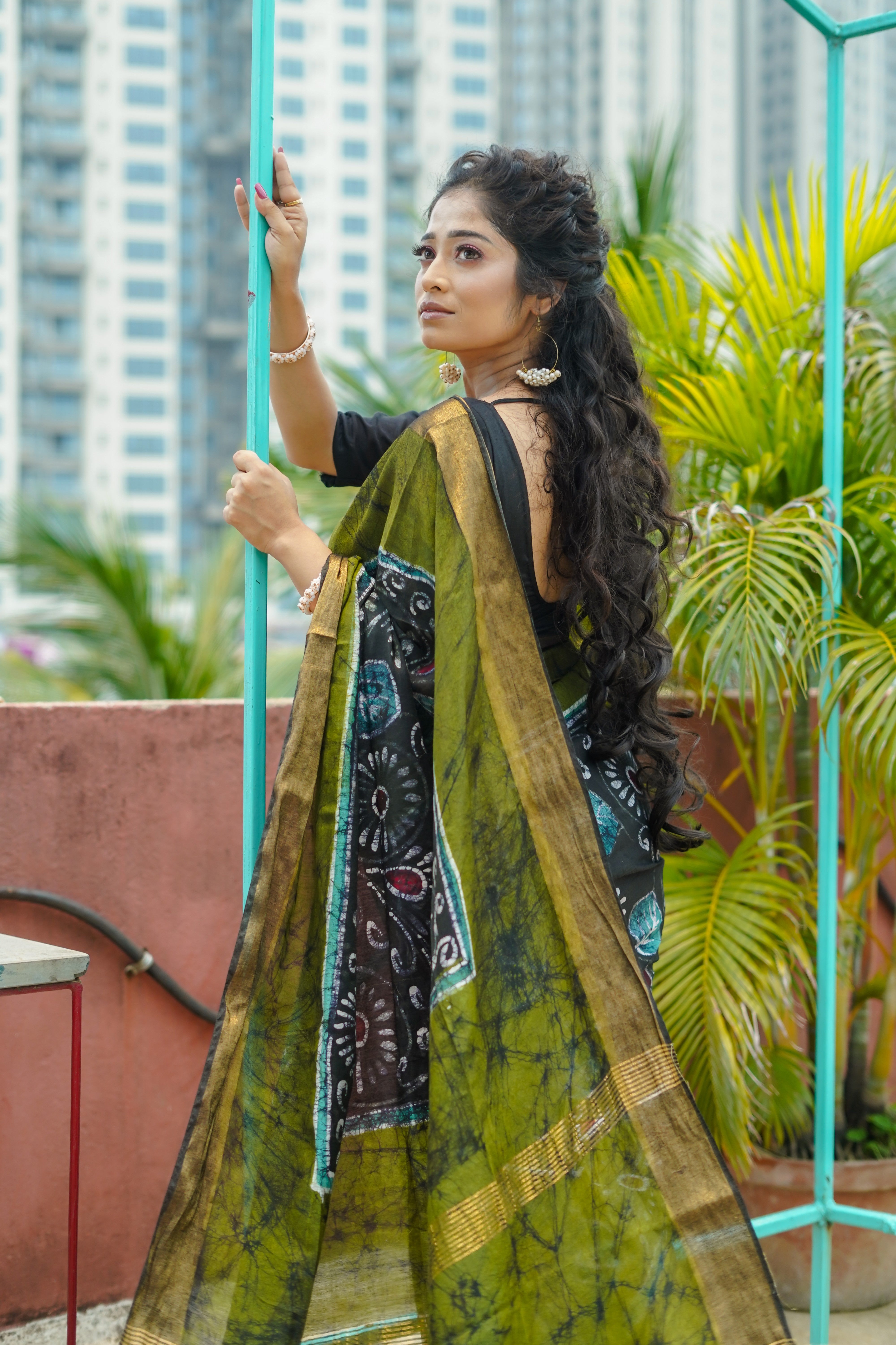 Black Hand Block Pure Chanderi Silk Saree