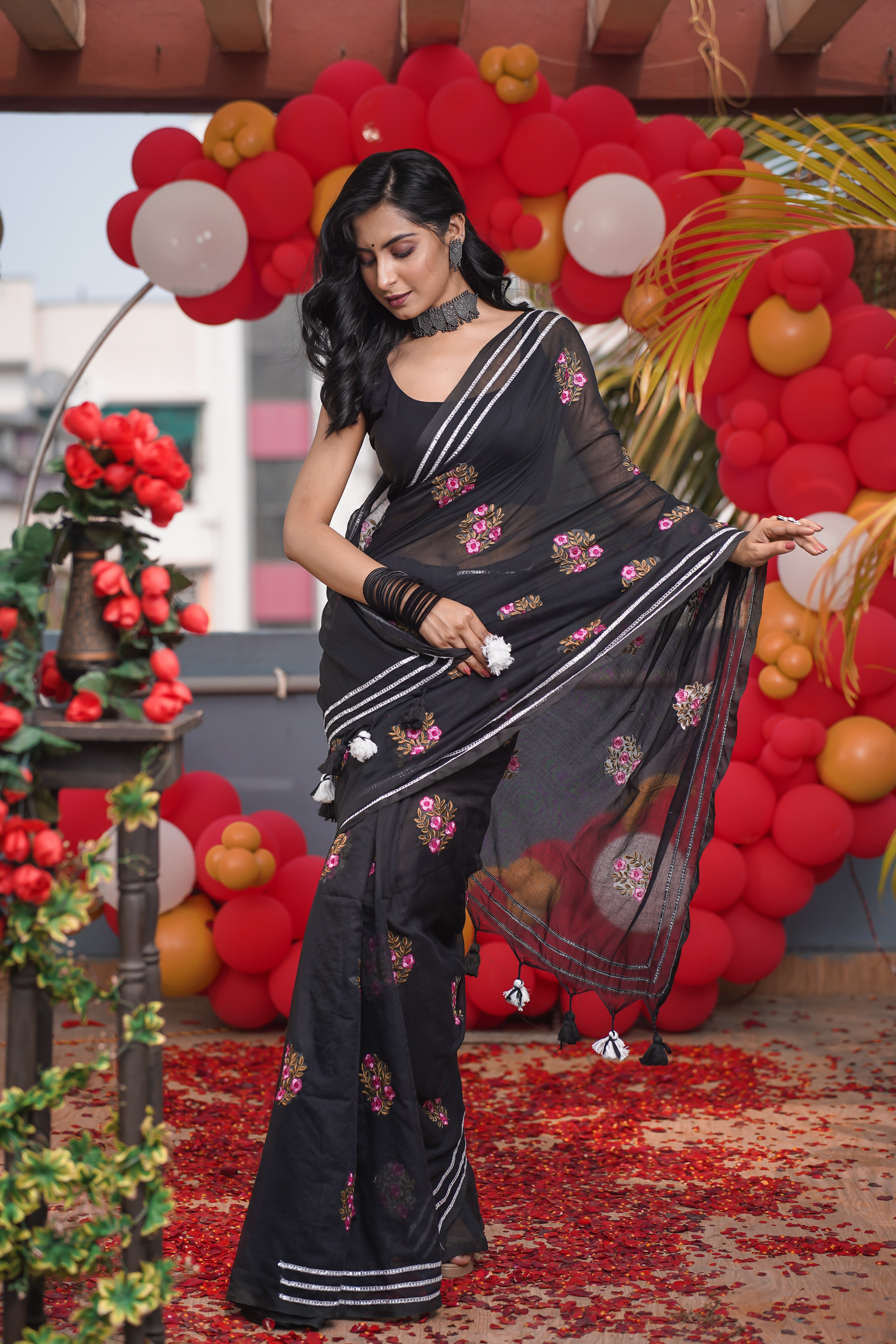 Black Mul Mul Cotton Saree With Embroidery
