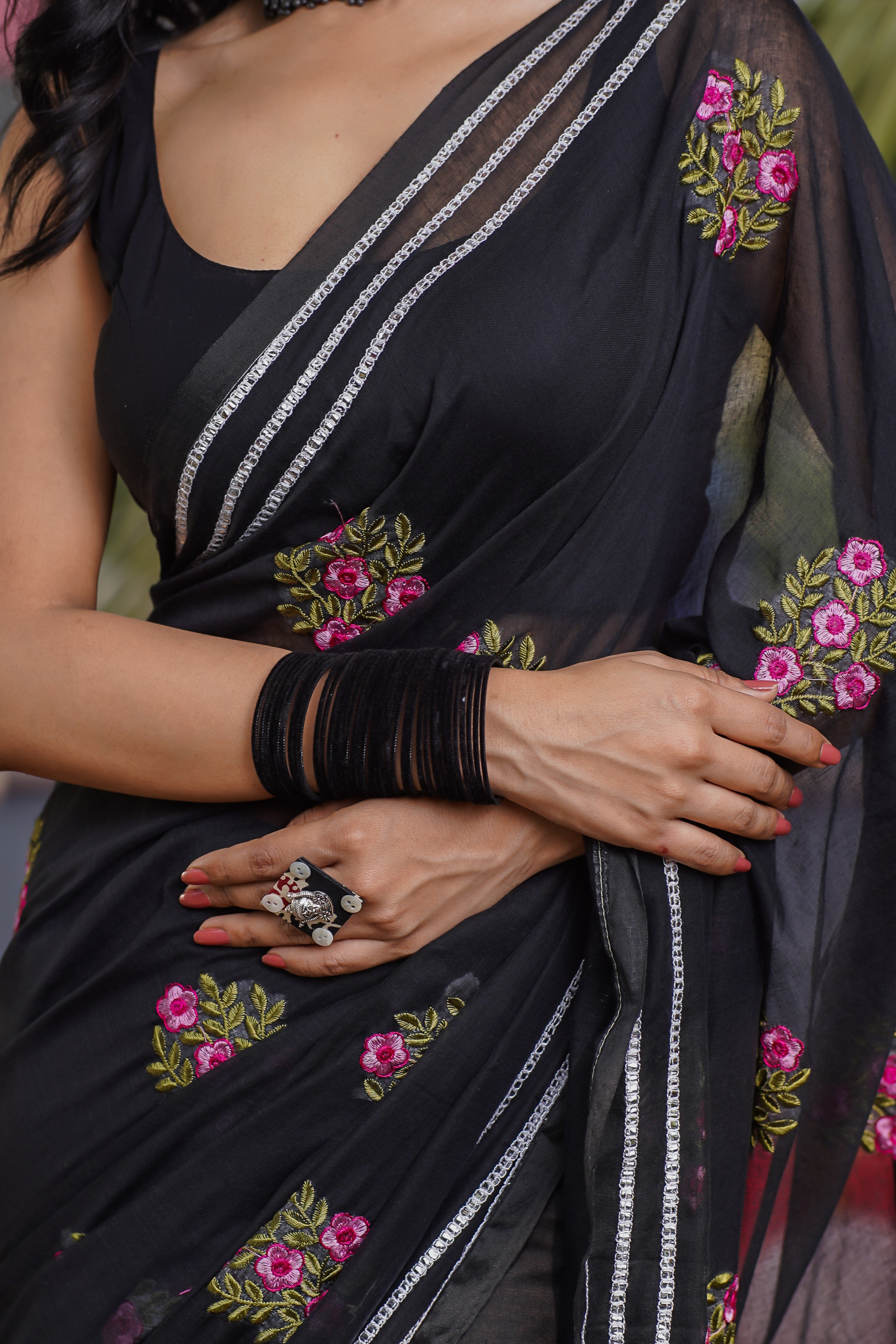Black Mul Mul Cotton Saree With Embroidery