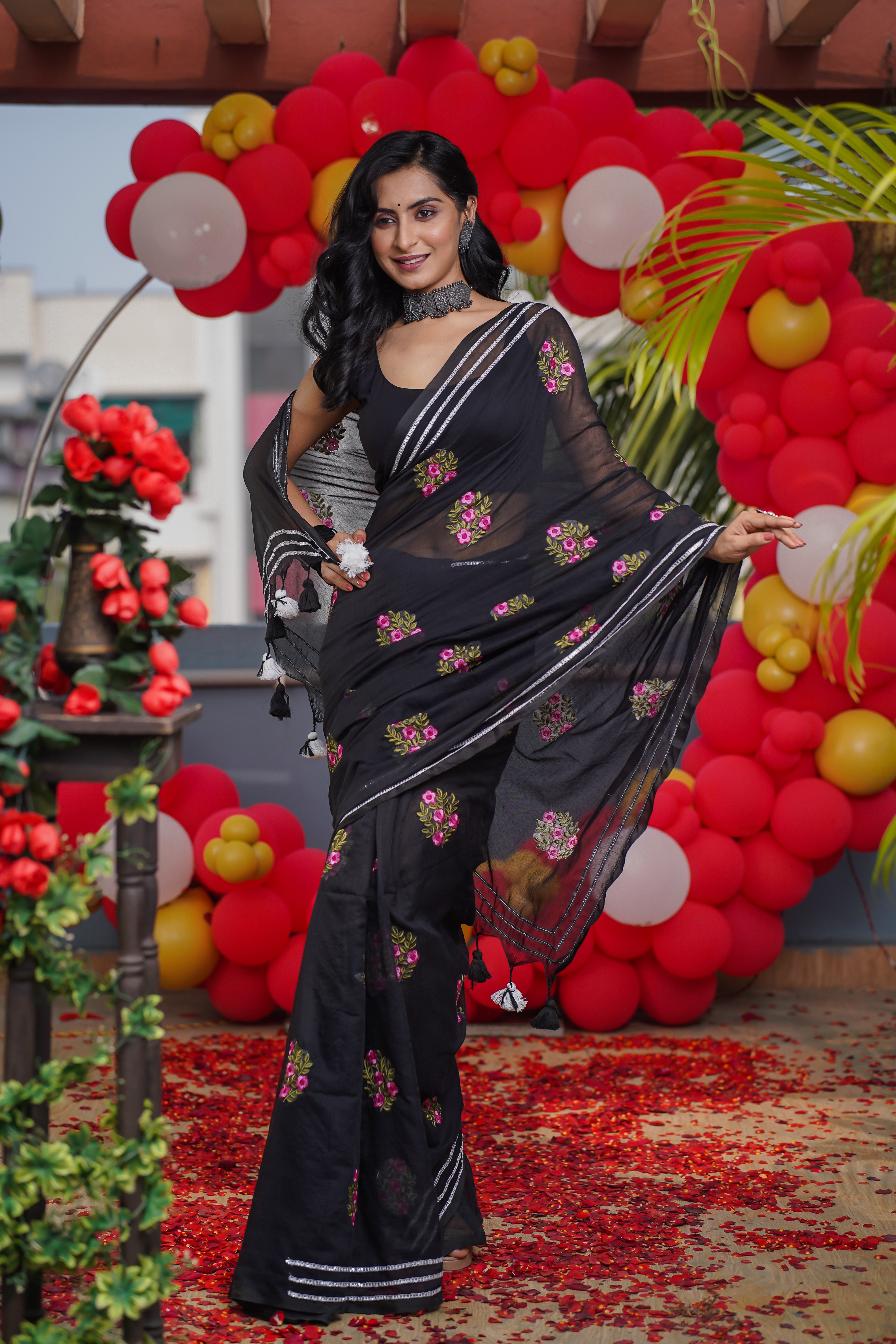 Black Mul Mul Cotton Saree With Embroidery