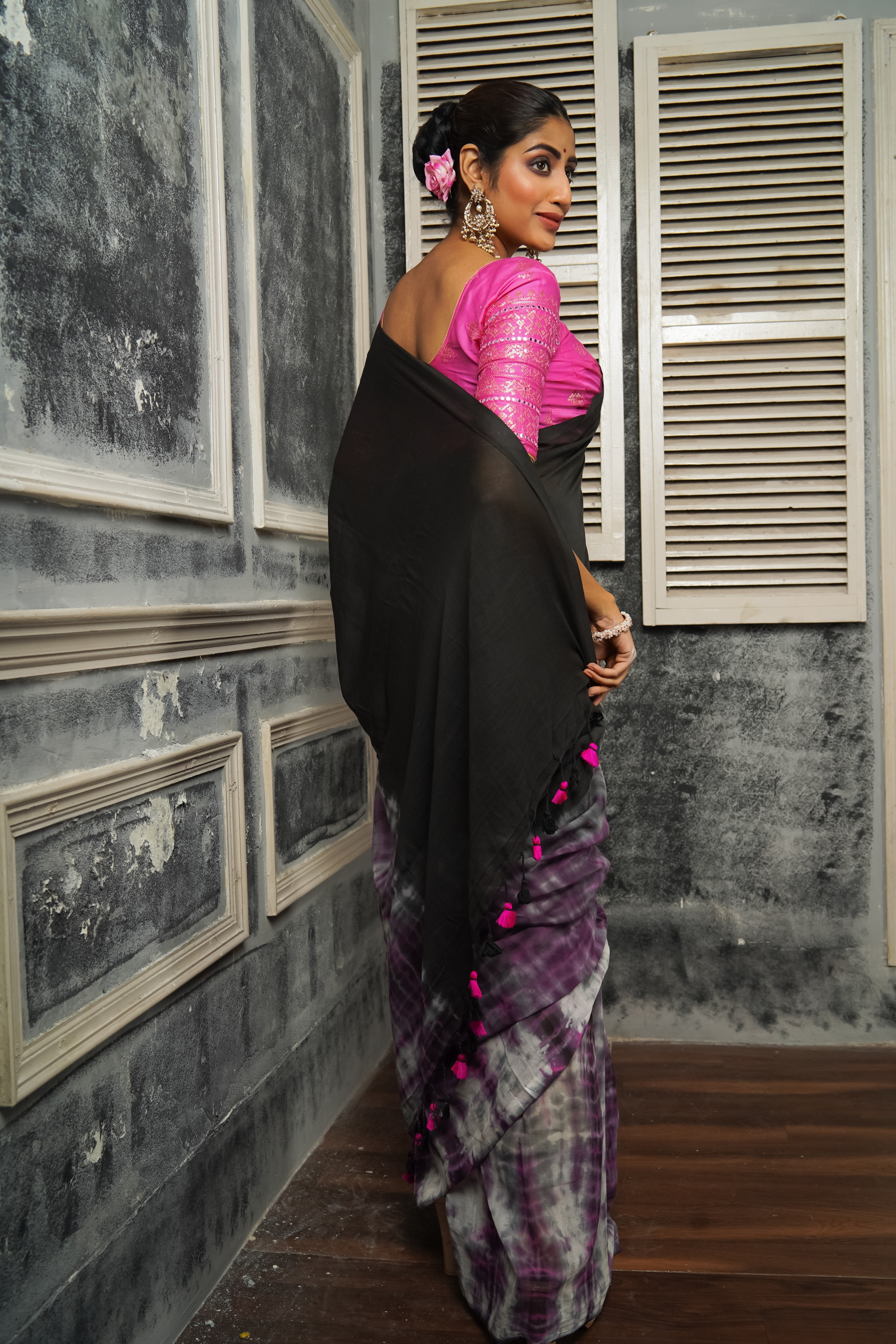 Black Multi Shibori Mul Mul Cotton Saree