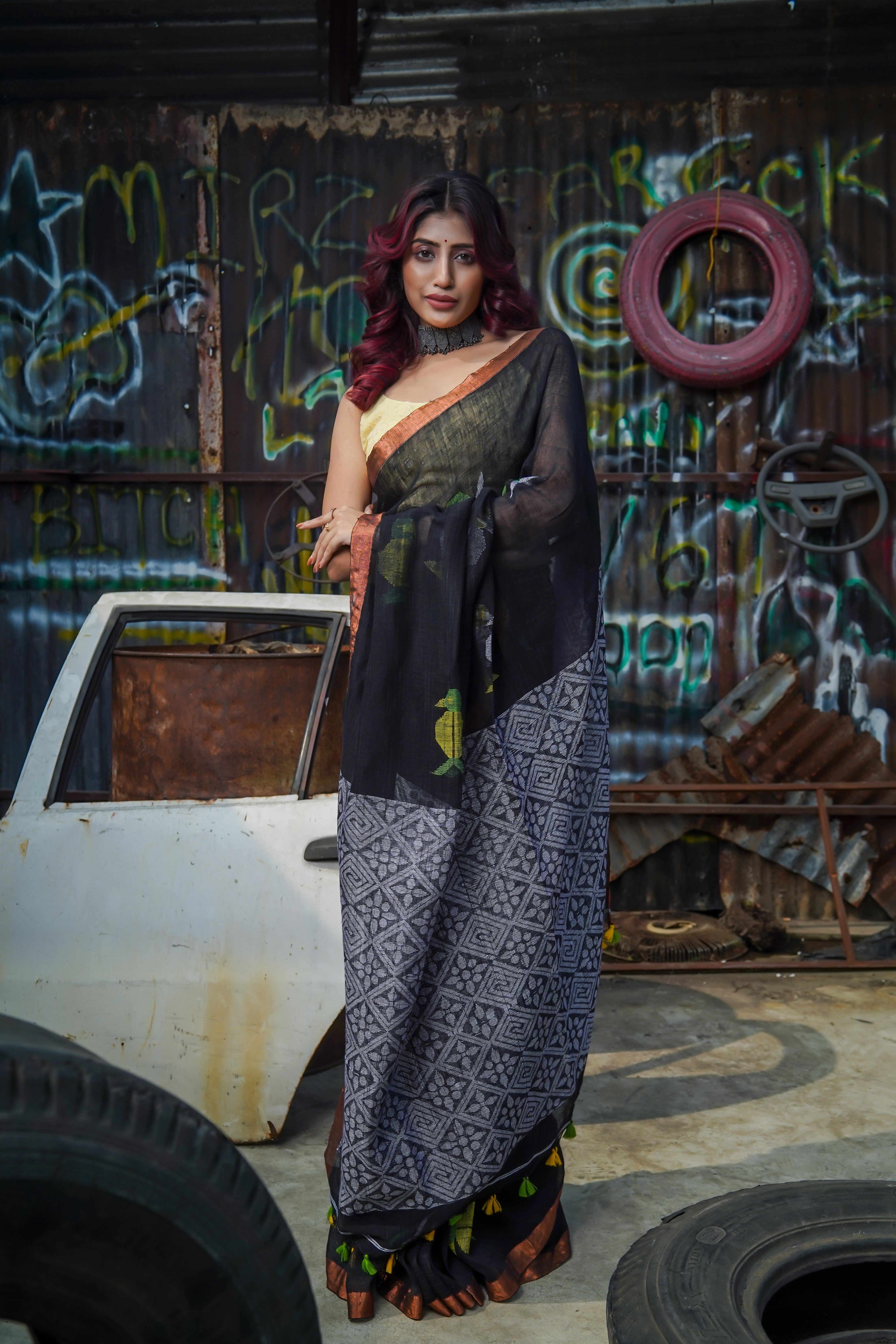 Handwoven Black Linen Jamdani Saree with Penguin Animal Print