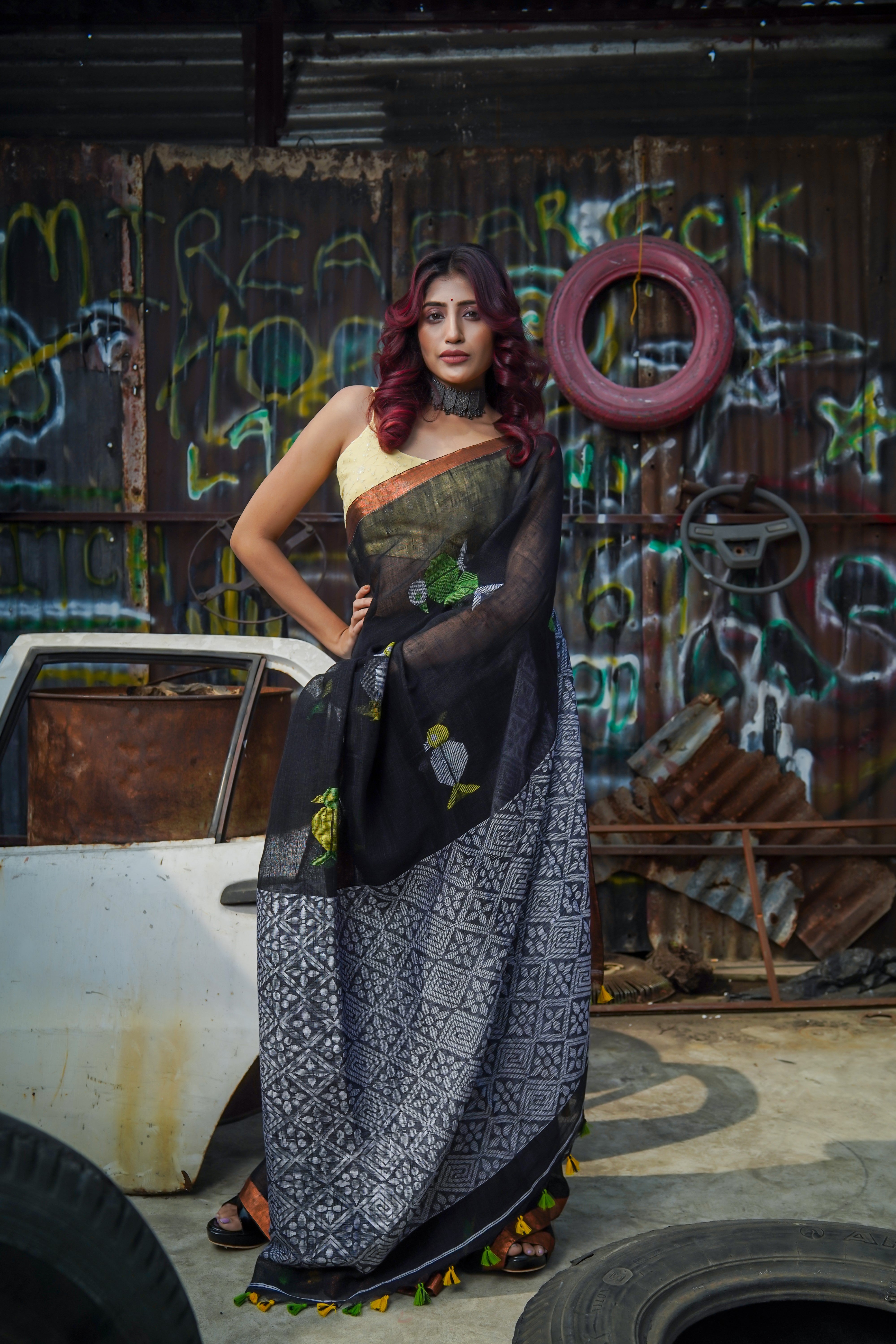 Handwoven Black Linen Jamdani Saree with Penguin Animal Print