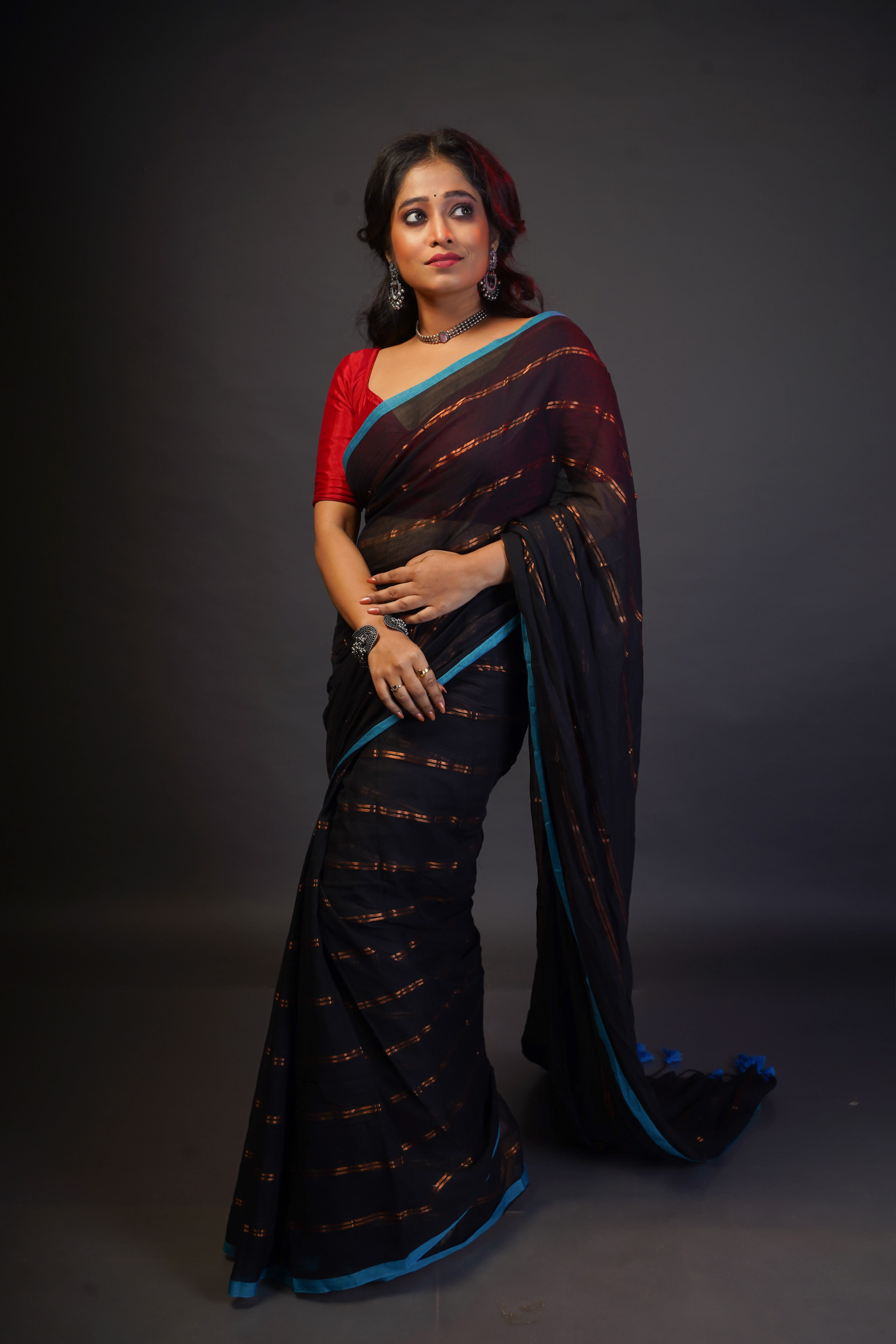 Black Striped Mul Mul Cotton Saree
