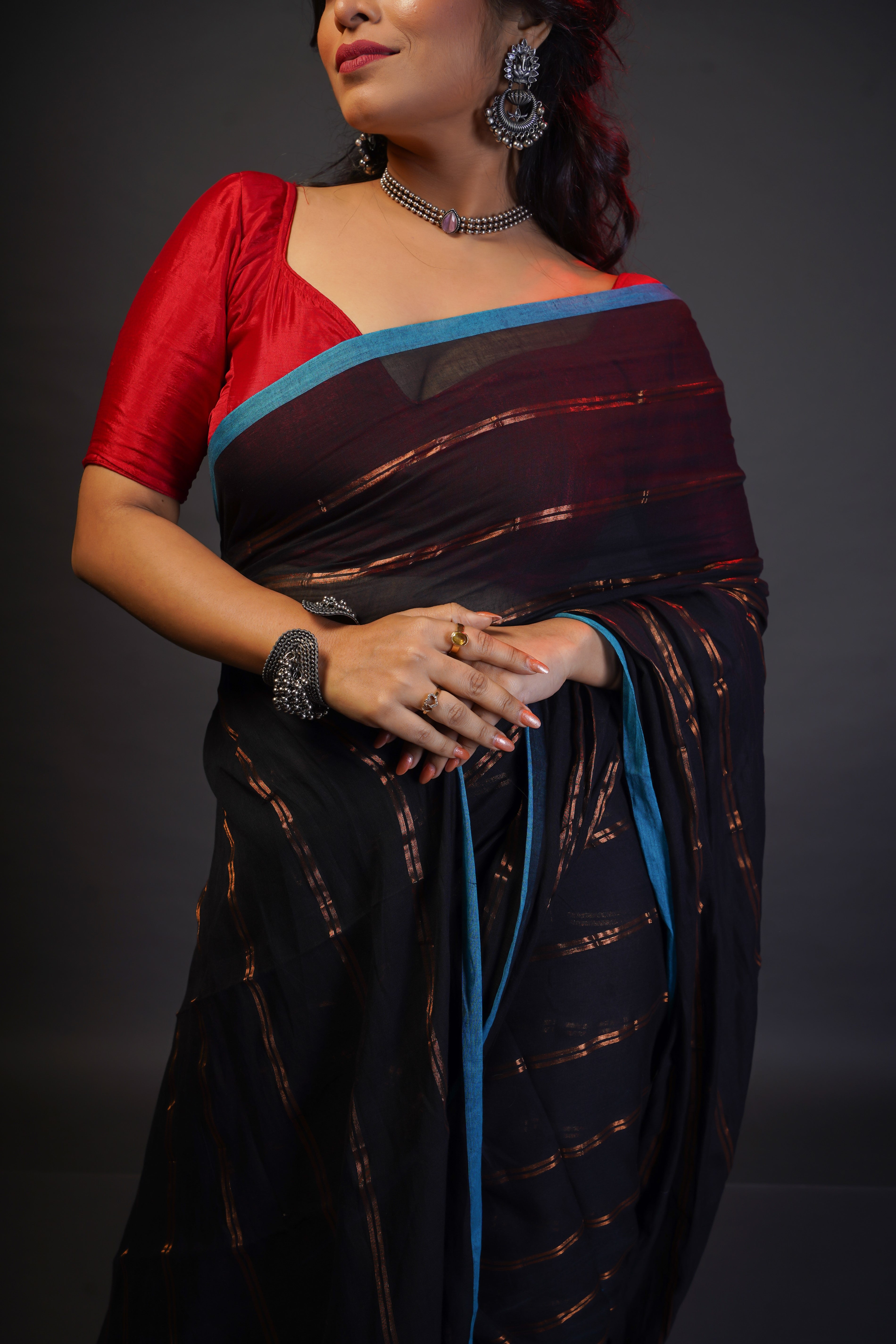 Black Striped Mul Mul Cotton Saree