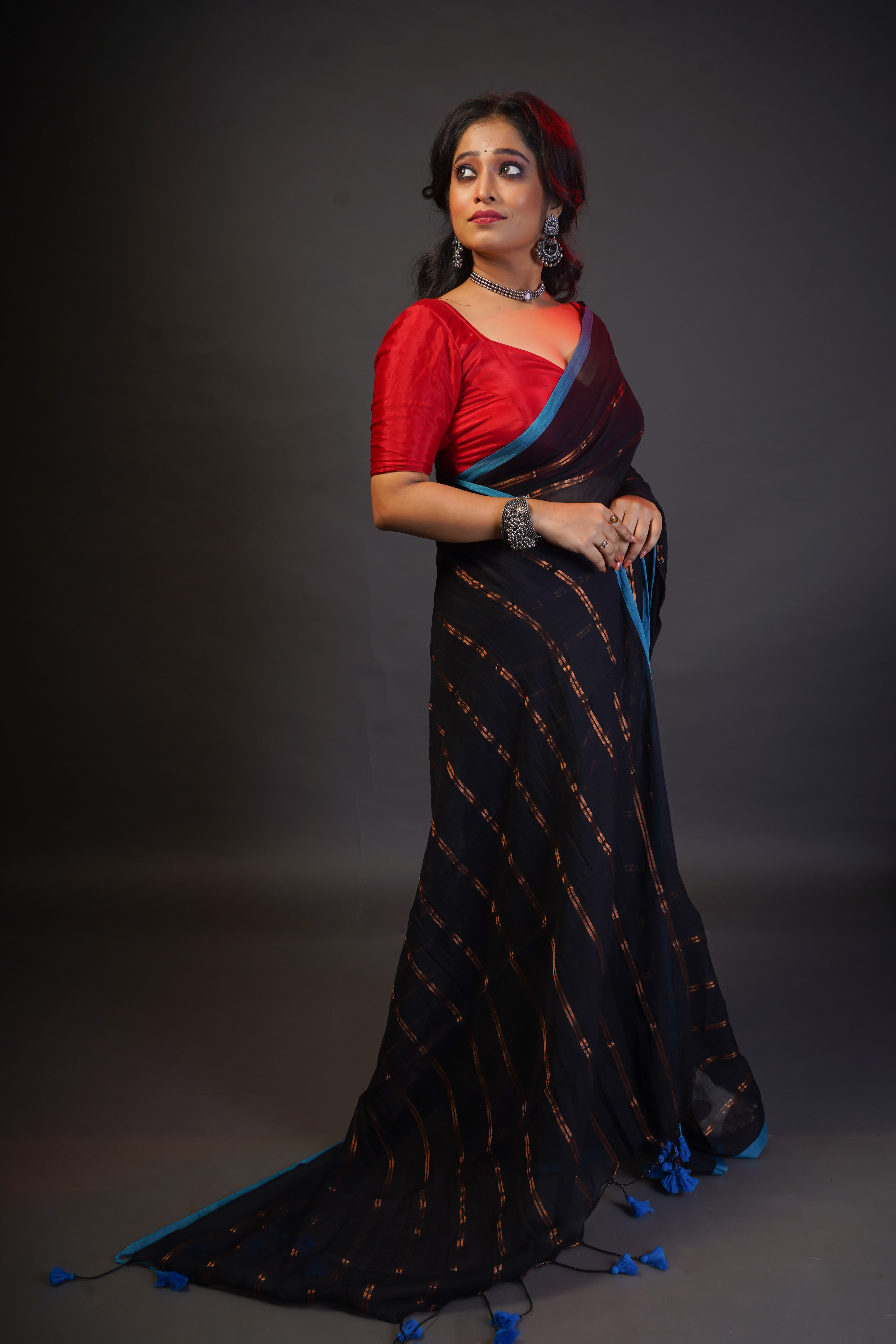 Black Striped Mul Mul Cotton Saree