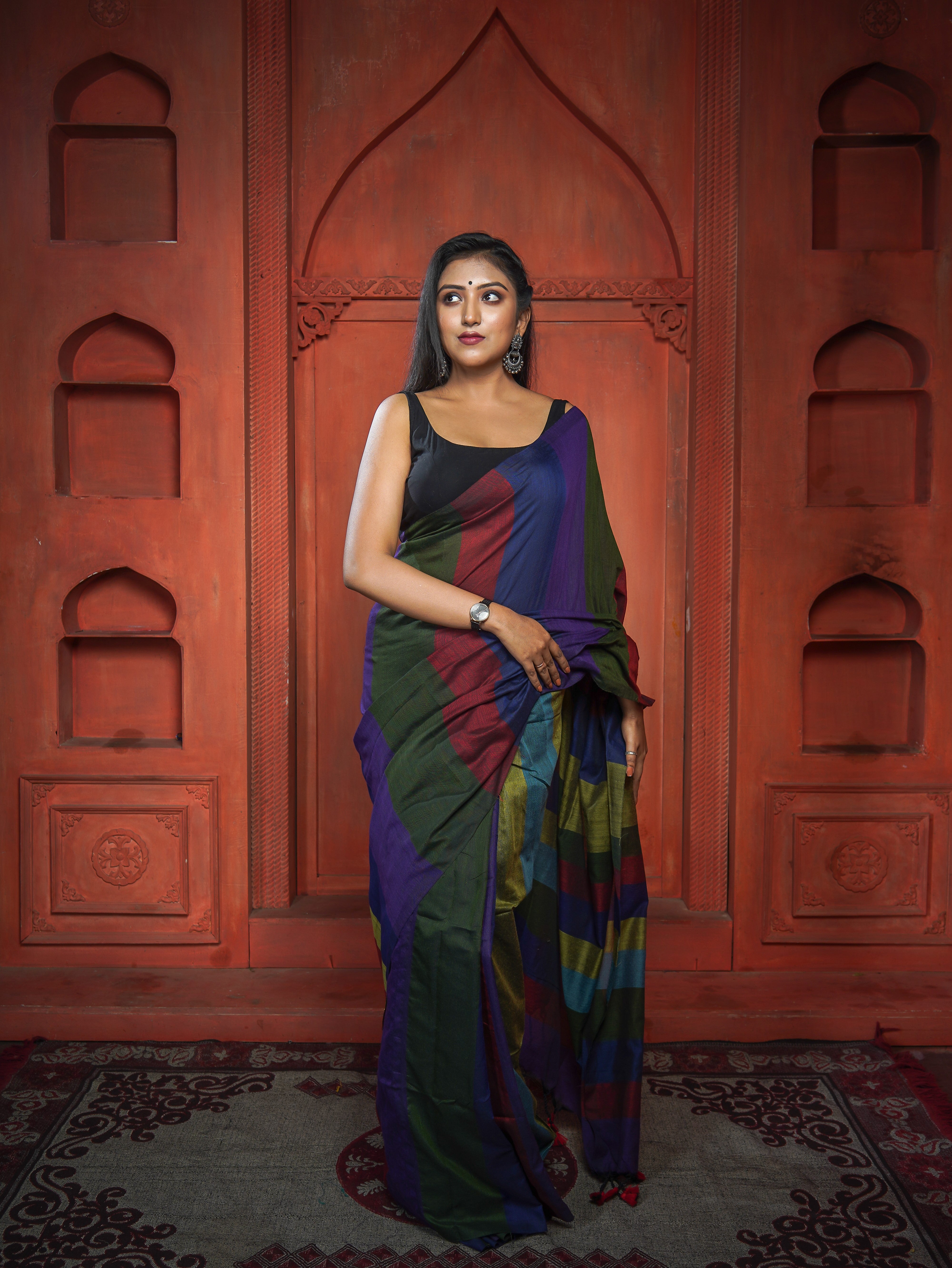 Blue & Maroon Multicoloure Check Khadi Cotton Saree