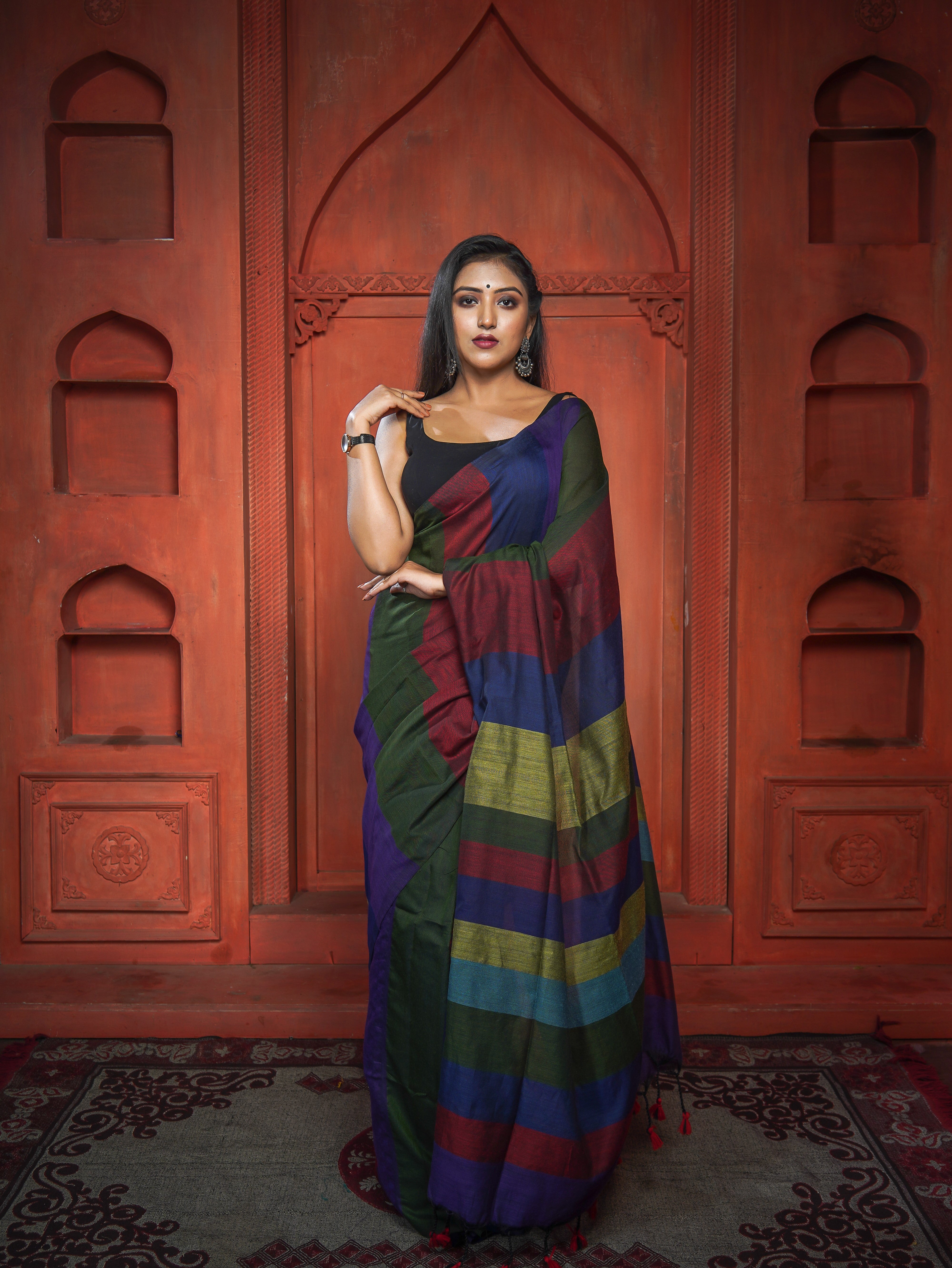Blue & Maroon Multicoloure Check Khadi Cotton Saree