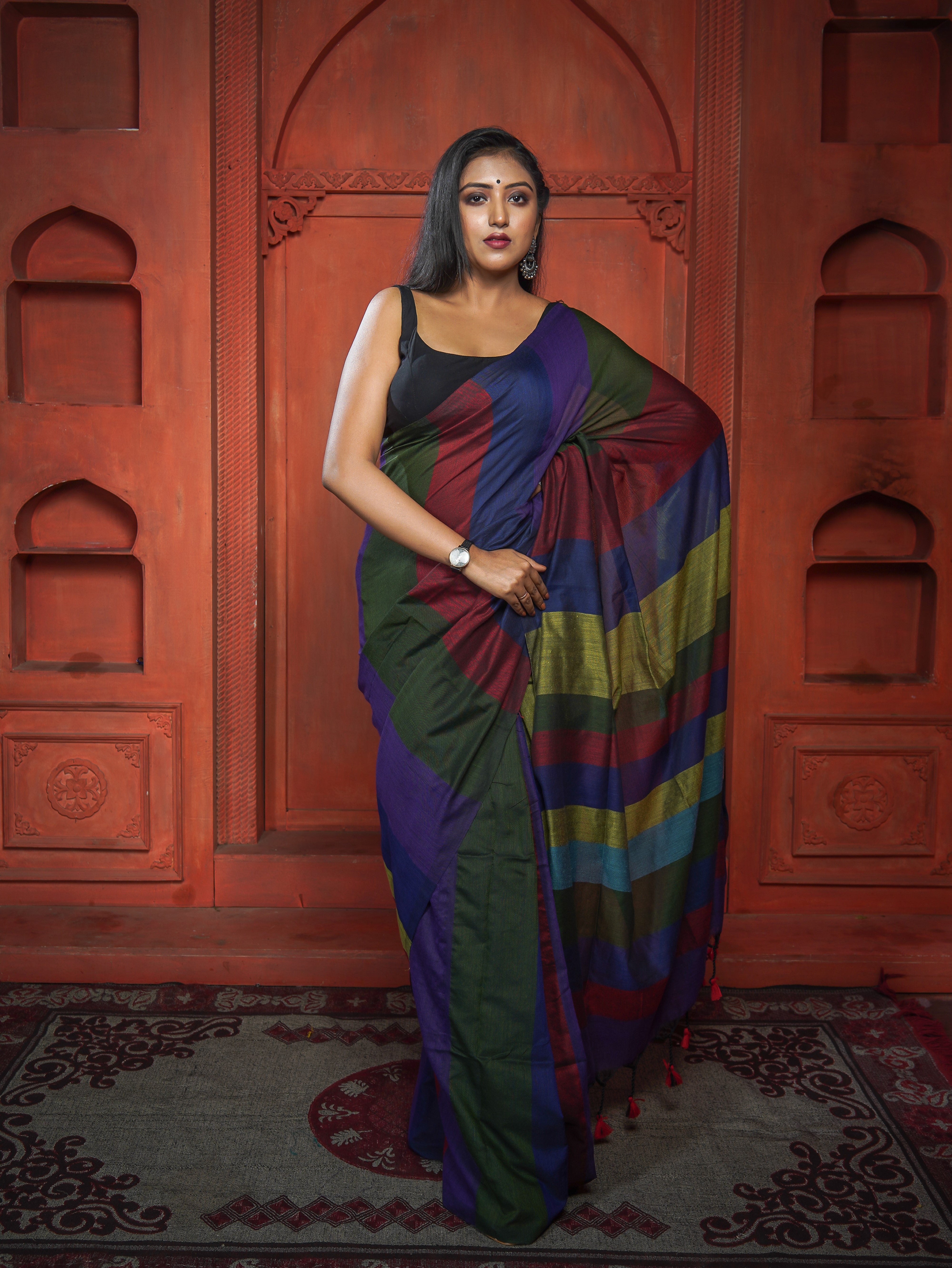 Blue & Maroon Multicoloure Check Khadi Cotton Saree