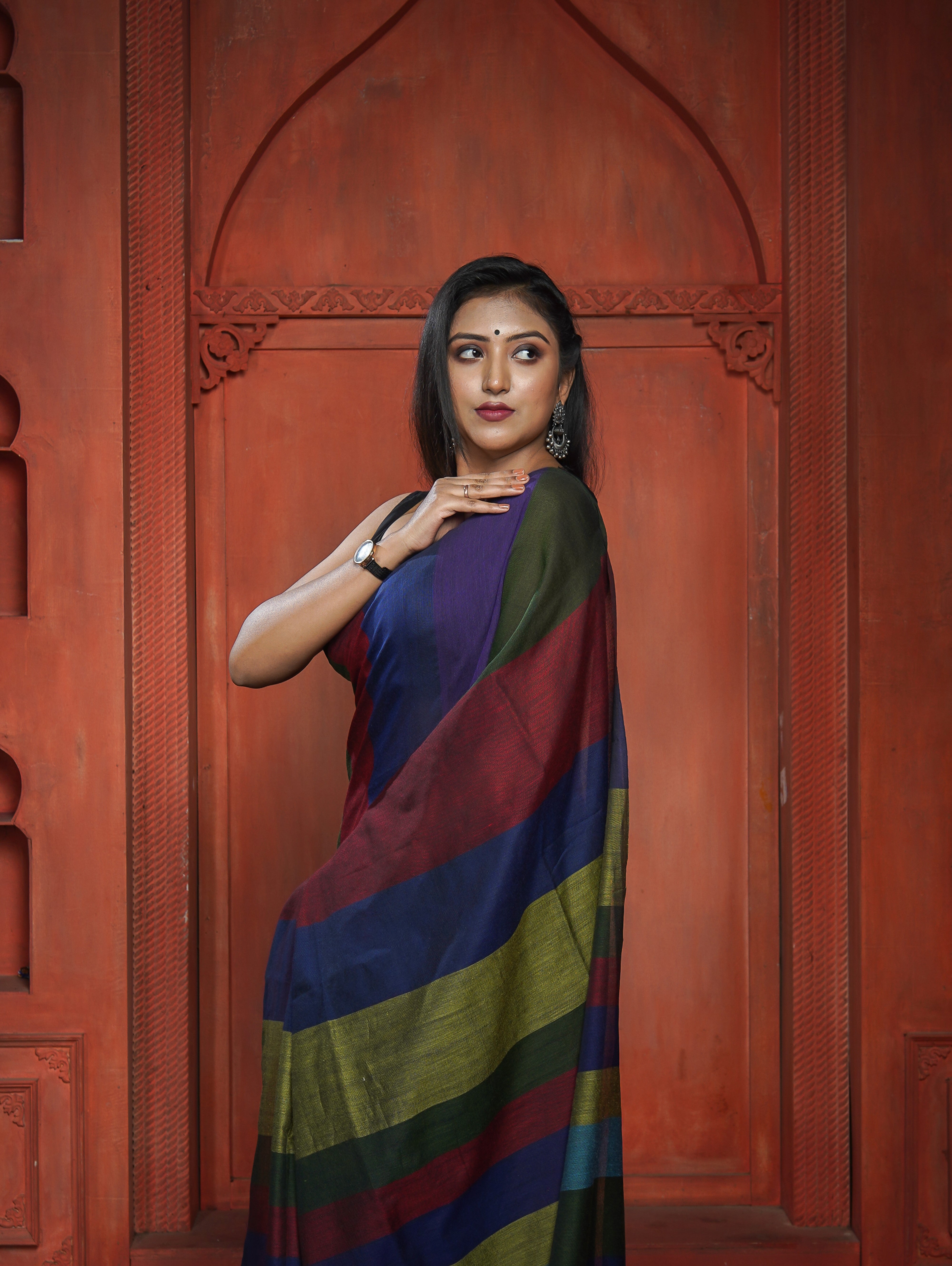 Blue & Maroon Multicoloure Check Khadi Cotton Saree