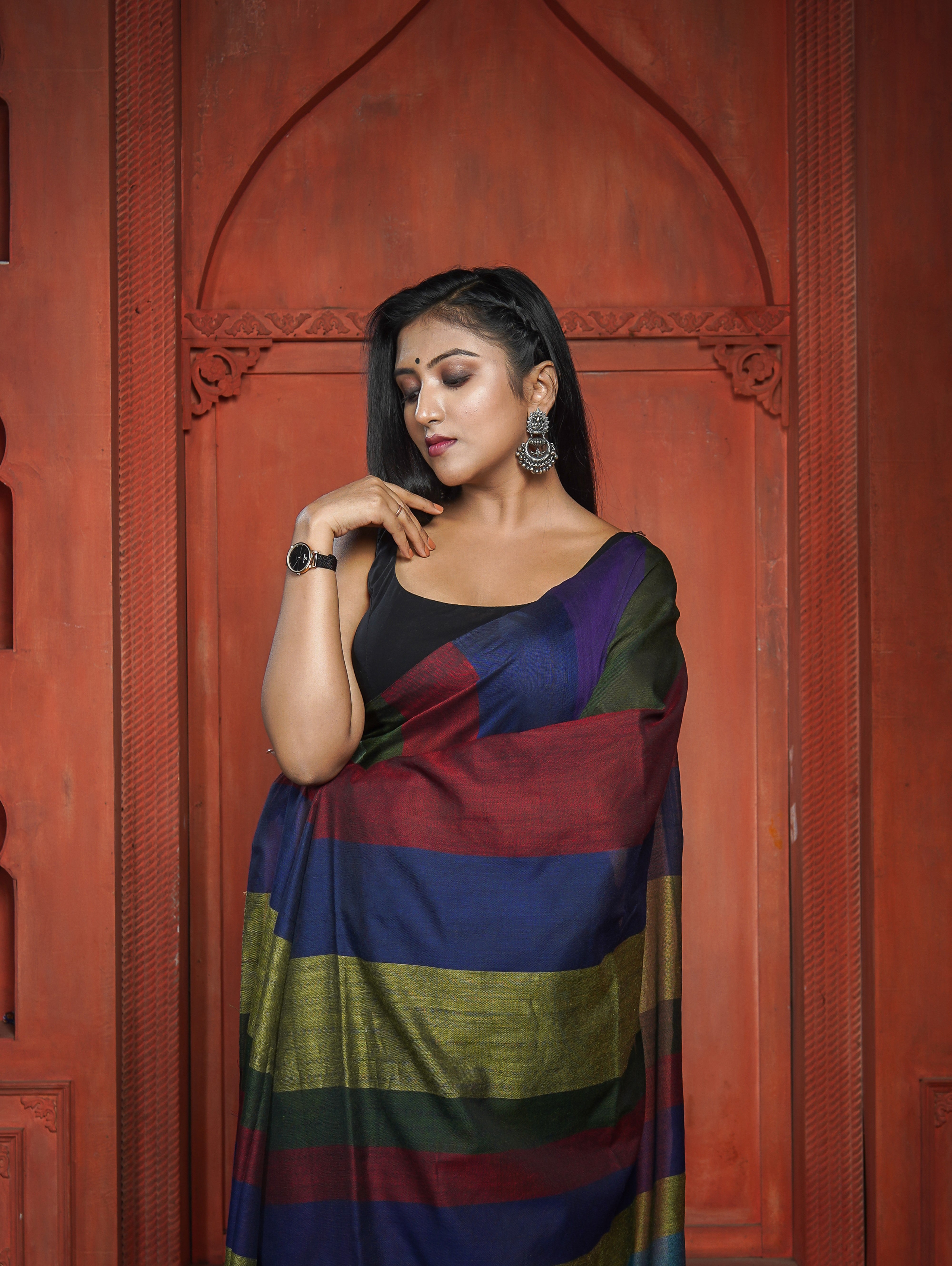 Blue & Maroon Multicoloure Check Khadi Cotton Saree