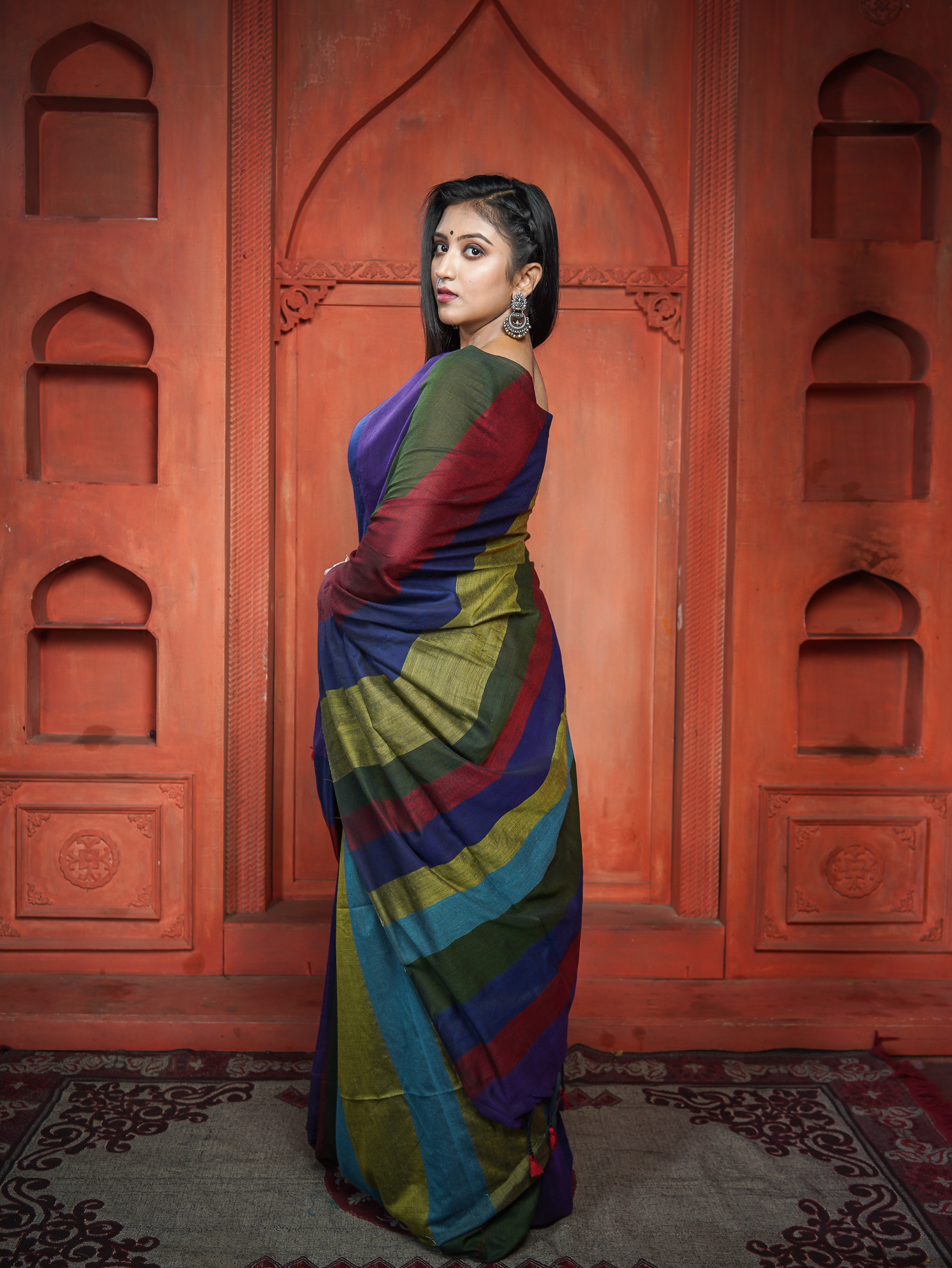 Blue & Maroon Multicoloure Check Khadi Cotton Saree