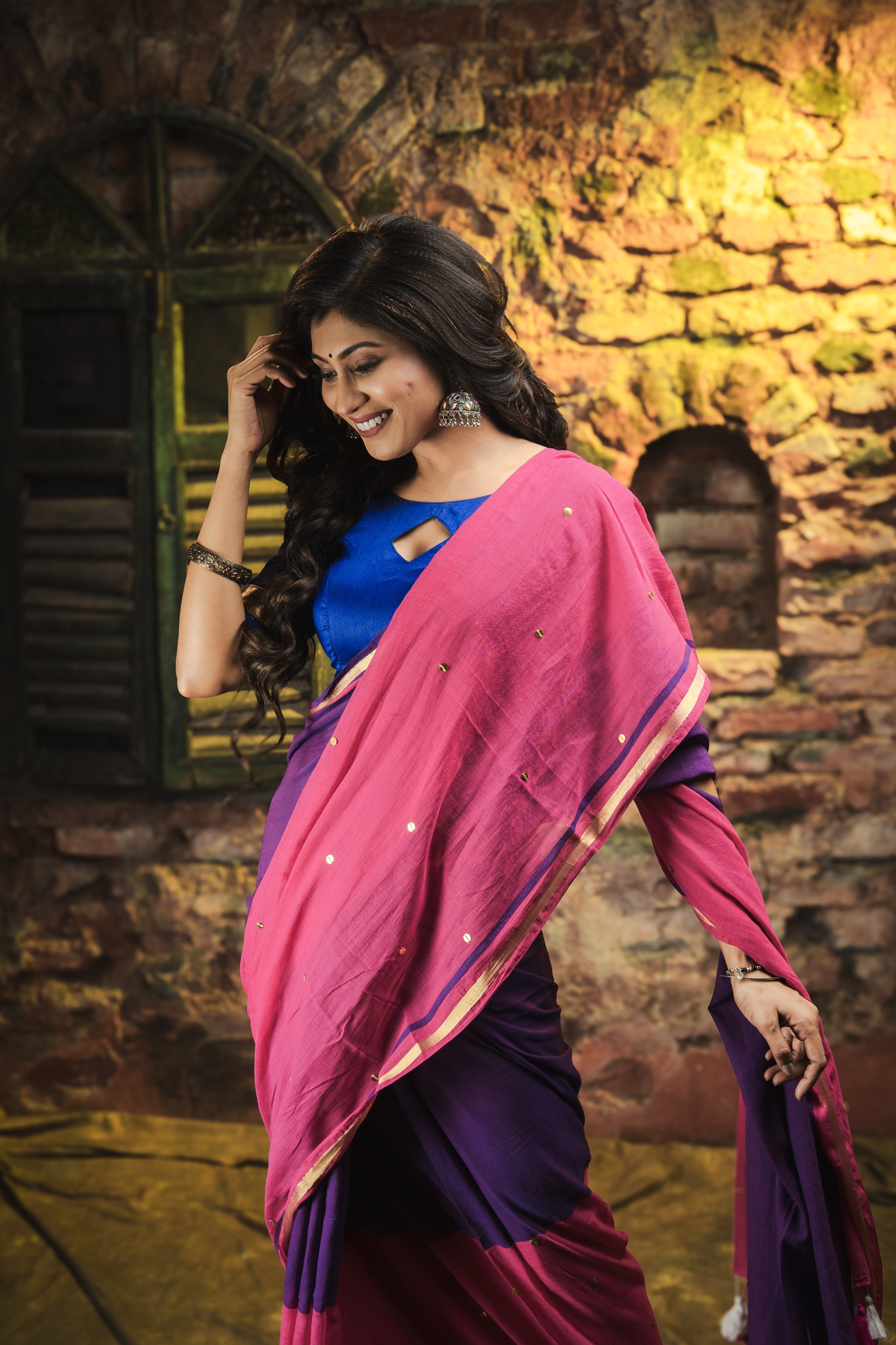 Mulmul Cotton Half-Half Saree with Sequence- Zari Work - Blue Rani