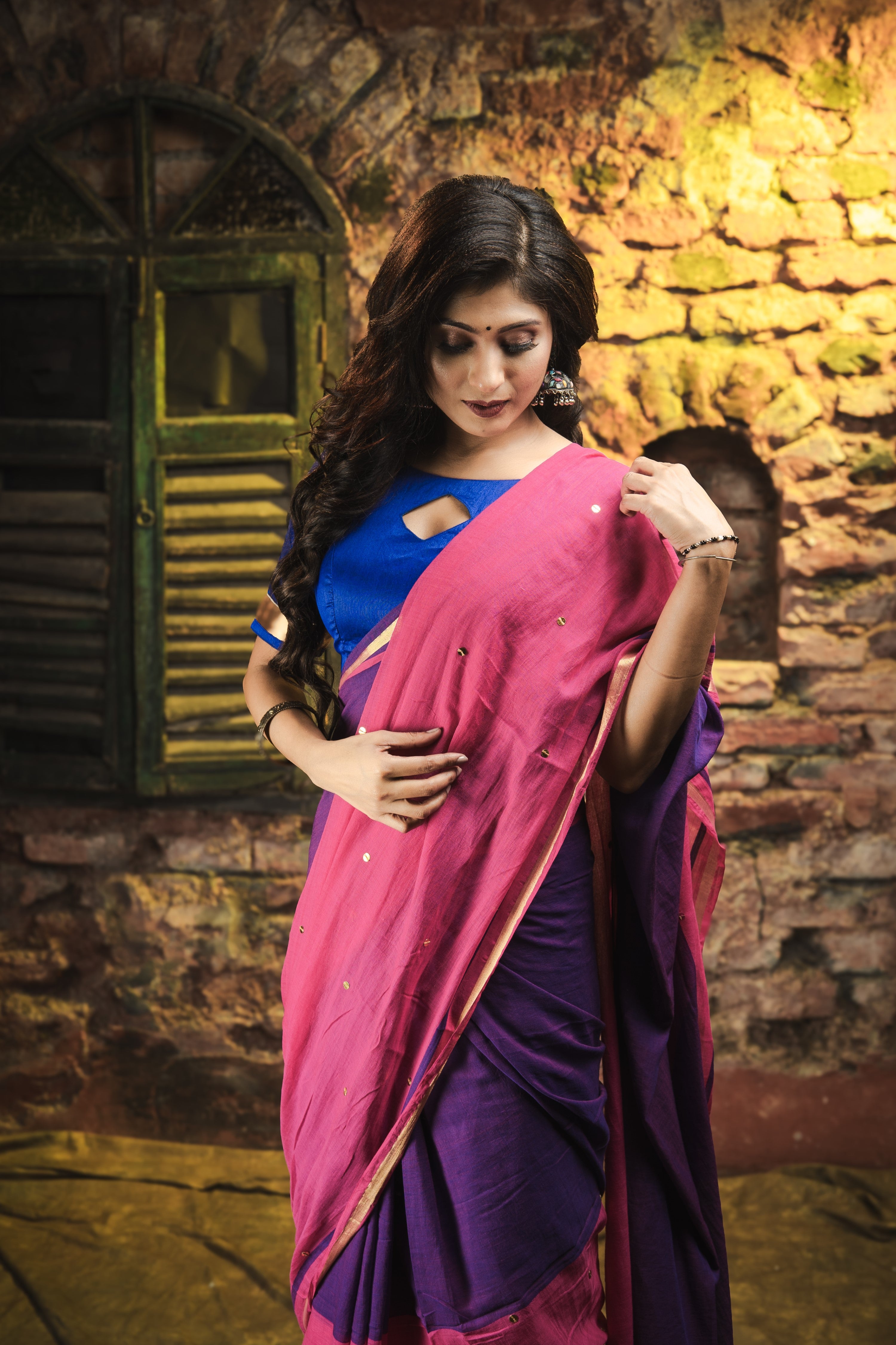 Mulmul Cotton Half-Half Saree with Sequence- Zari Work - Blue Rani