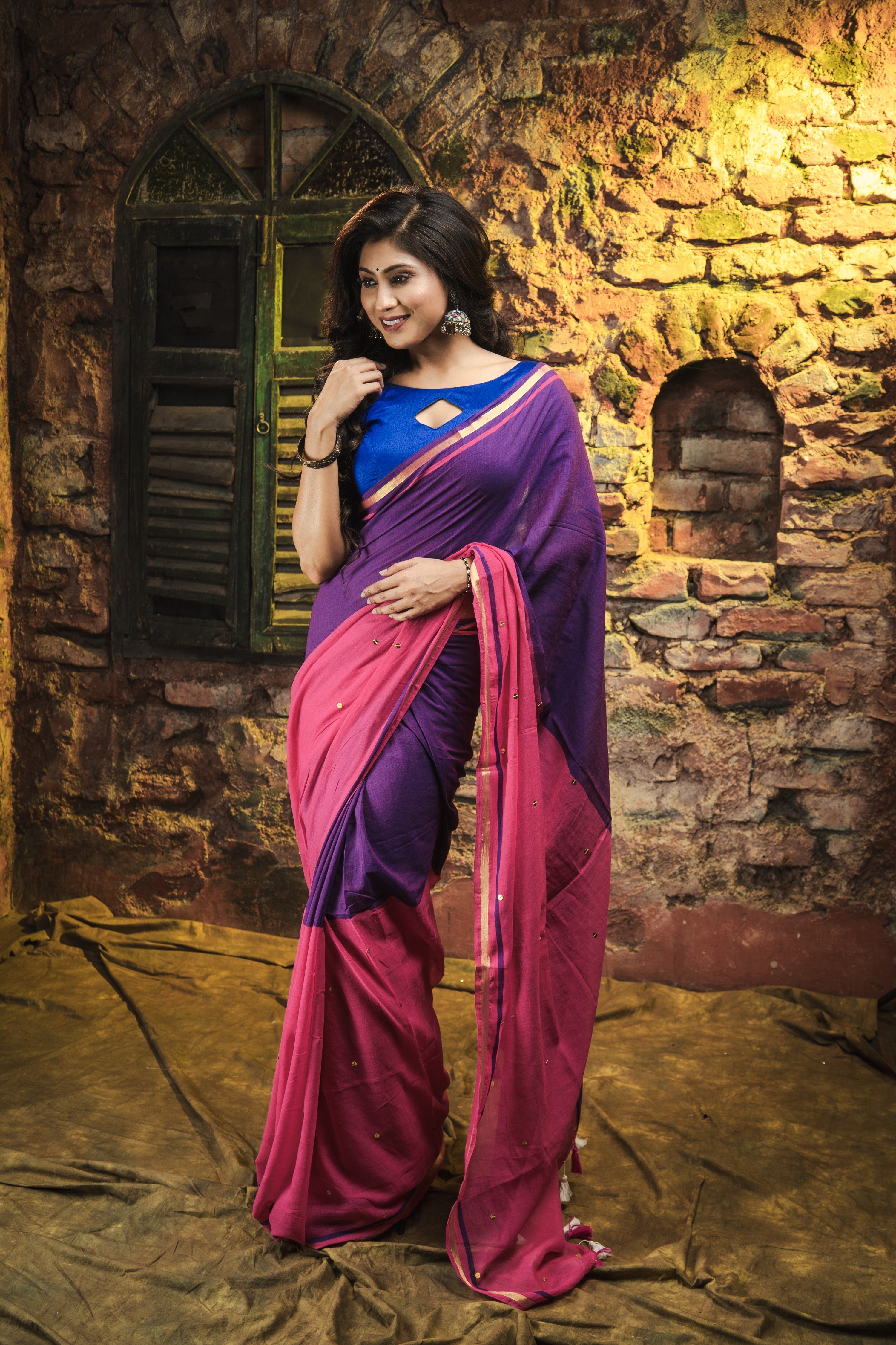 Mulmul Cotton Half-Half Saree with Sequence- Zari Work - Blue Rani