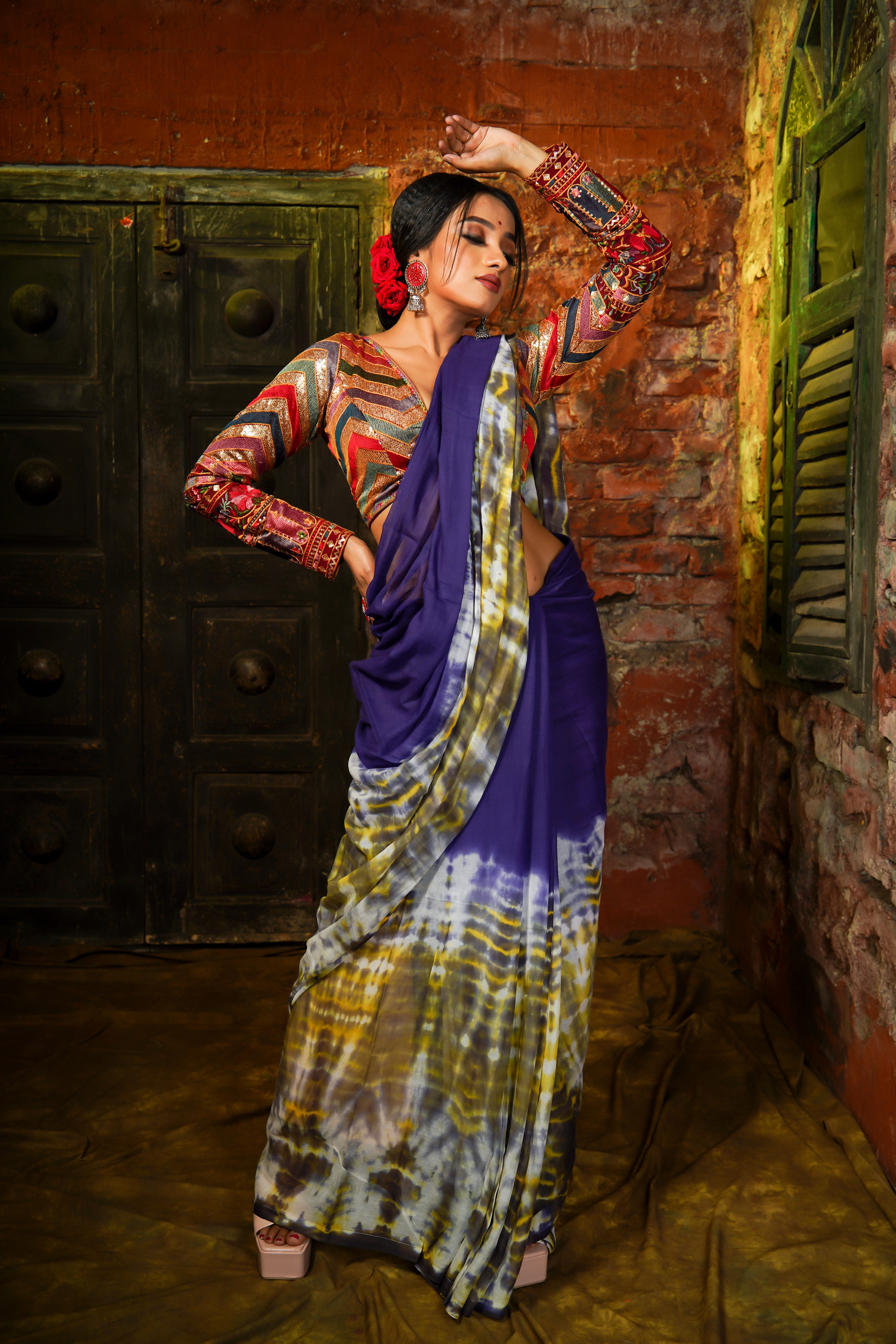 Blue Multi Shibori Mul Cotton Saree