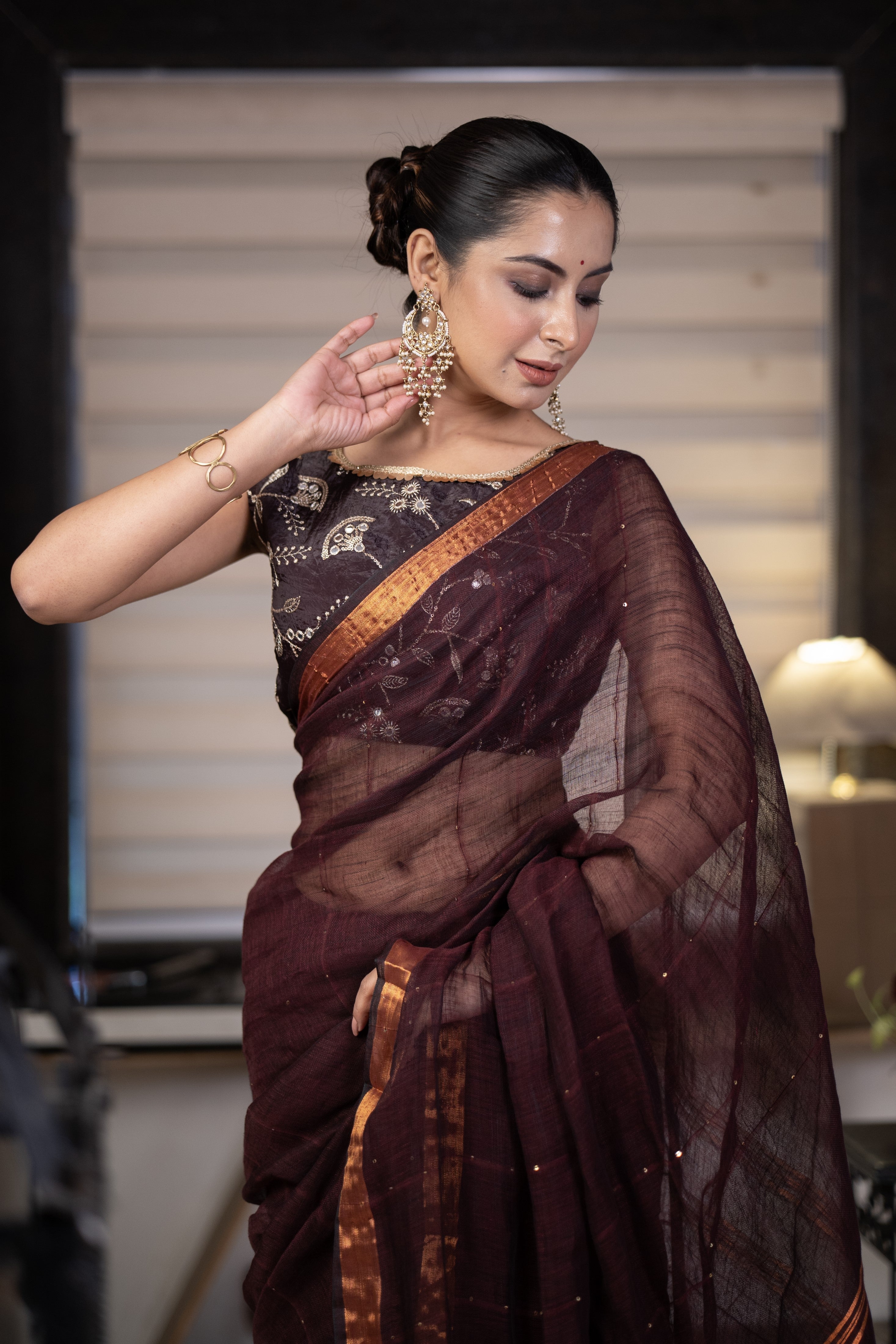 Brown Sequence Work Linen Saree