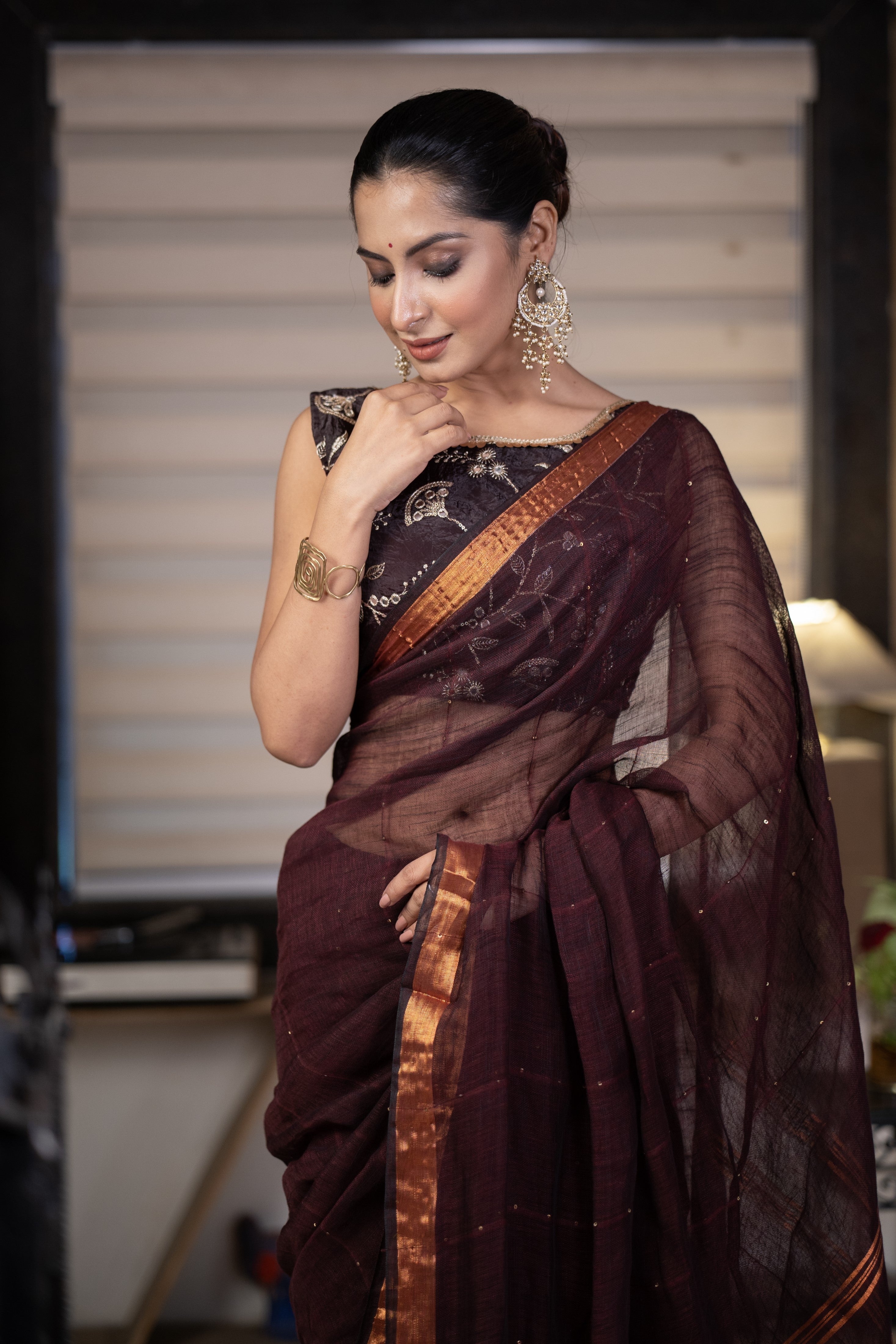 Brown Sequence Work Linen Saree