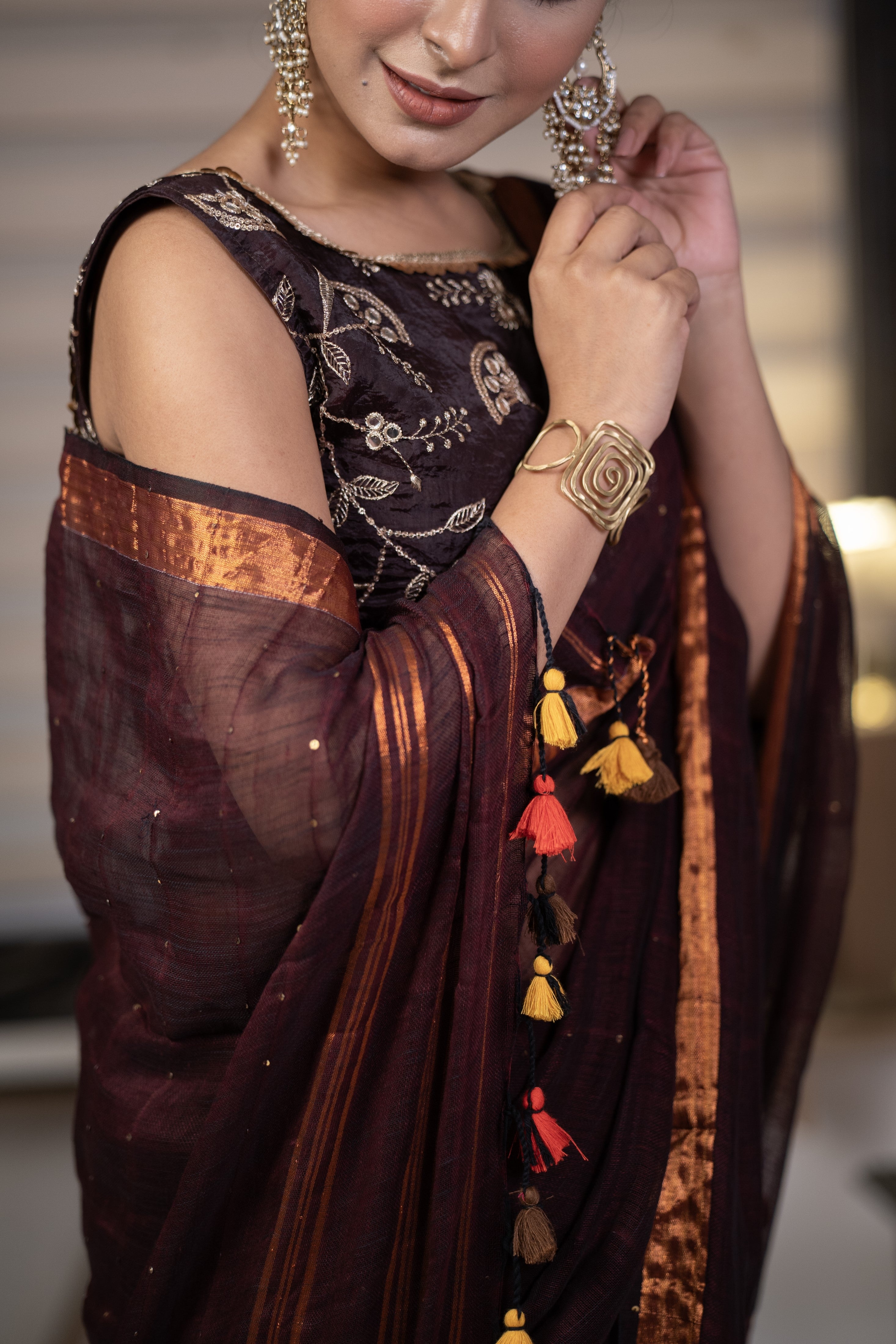 Brown Sequence Work Linen Saree
