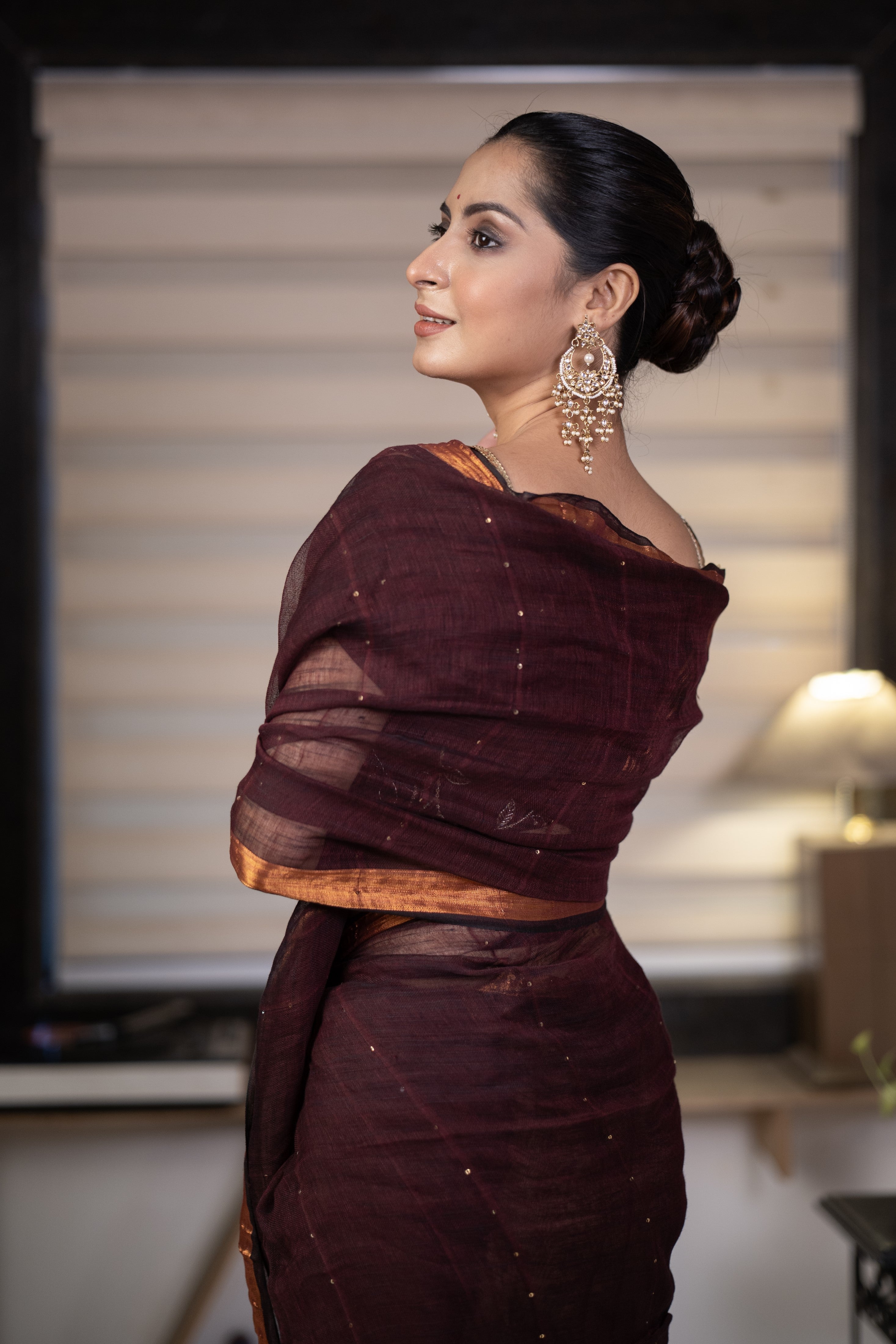 Brown Sequence Work Linen Saree
