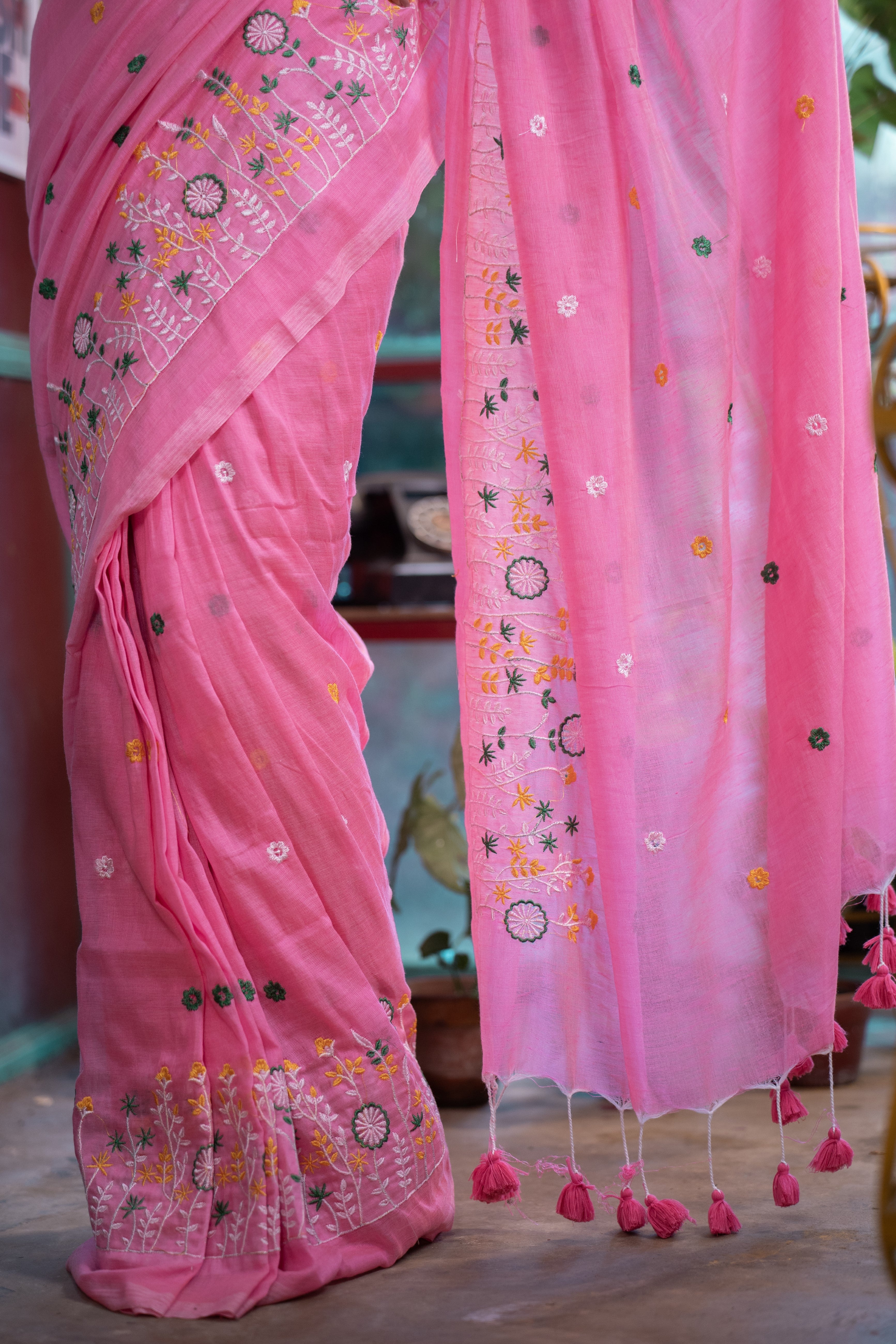 Mul Mul Cotton Embroidery Saree-Bubble Pink