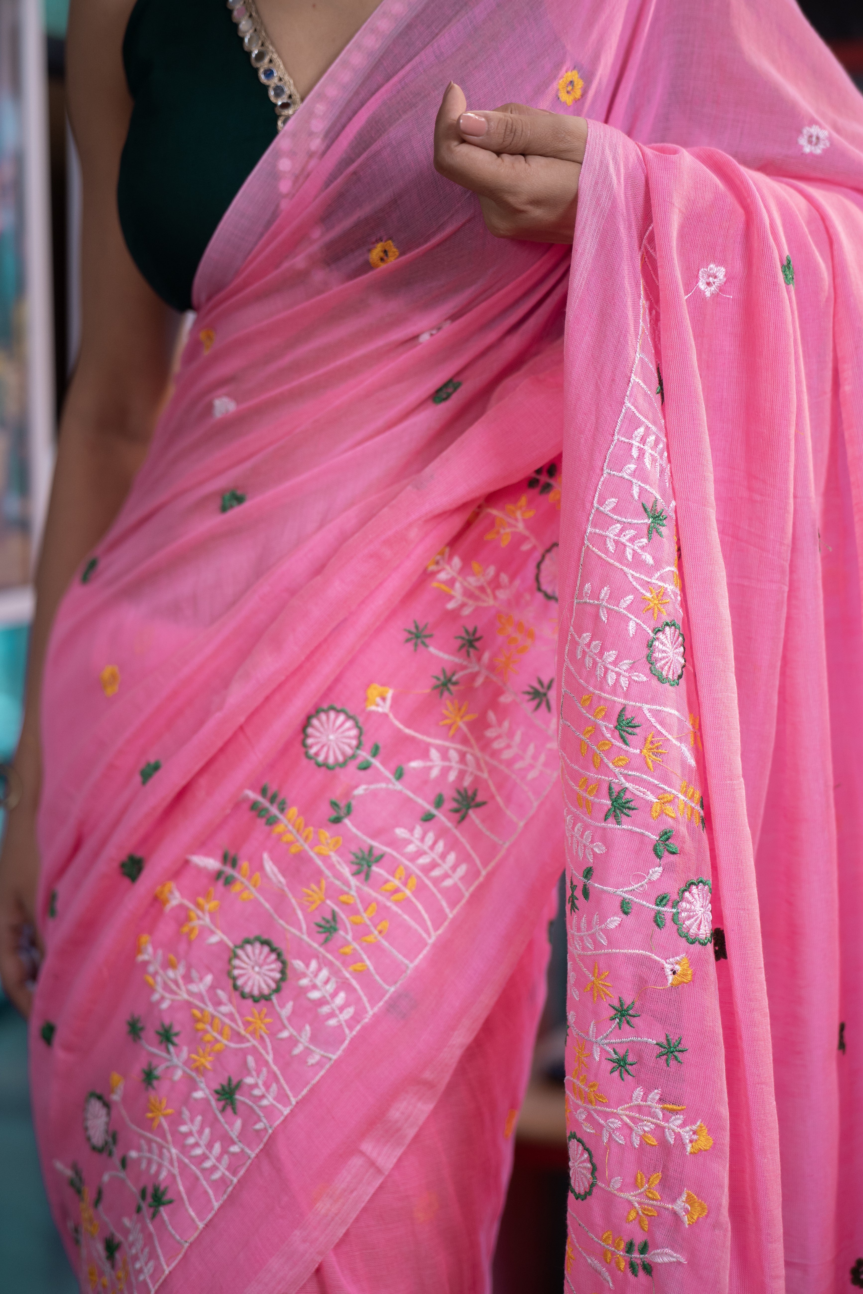 Mul Mul Cotton Embroidery Saree-Bubble Pink