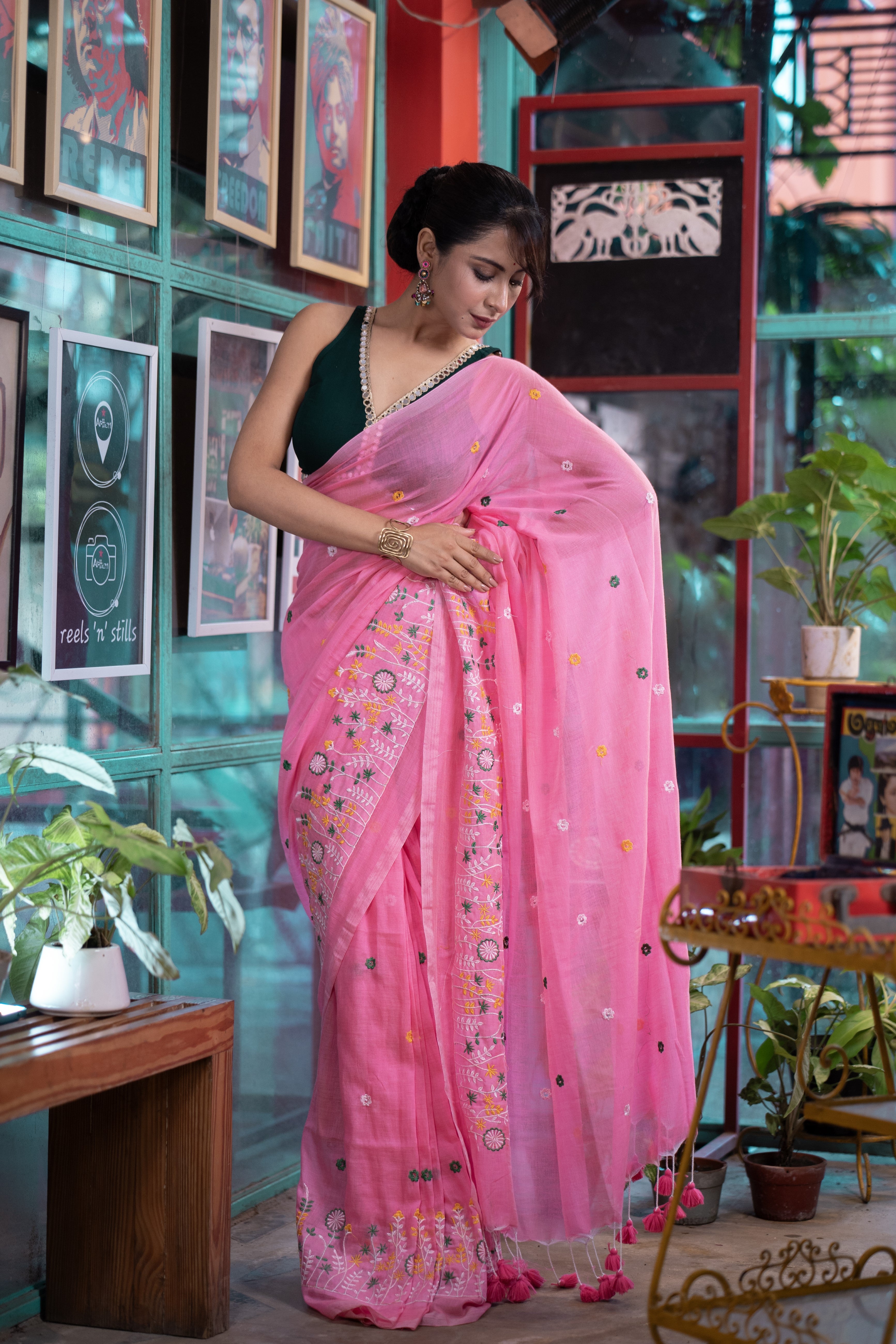 Mul Mul Cotton Embroidery Saree-Bubble Pink