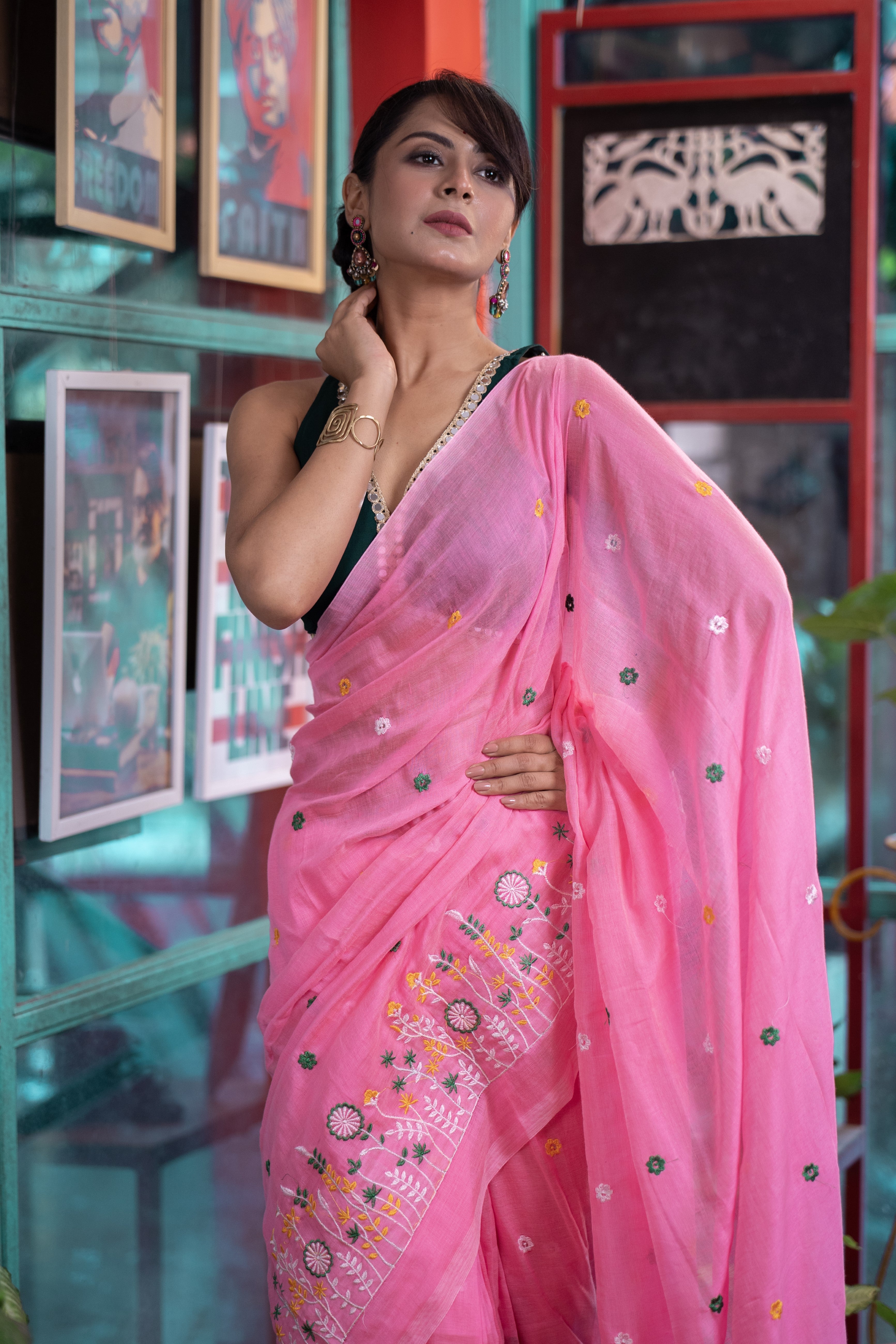 Mul Mul Cotton Embroidery Saree-Bubble Pink